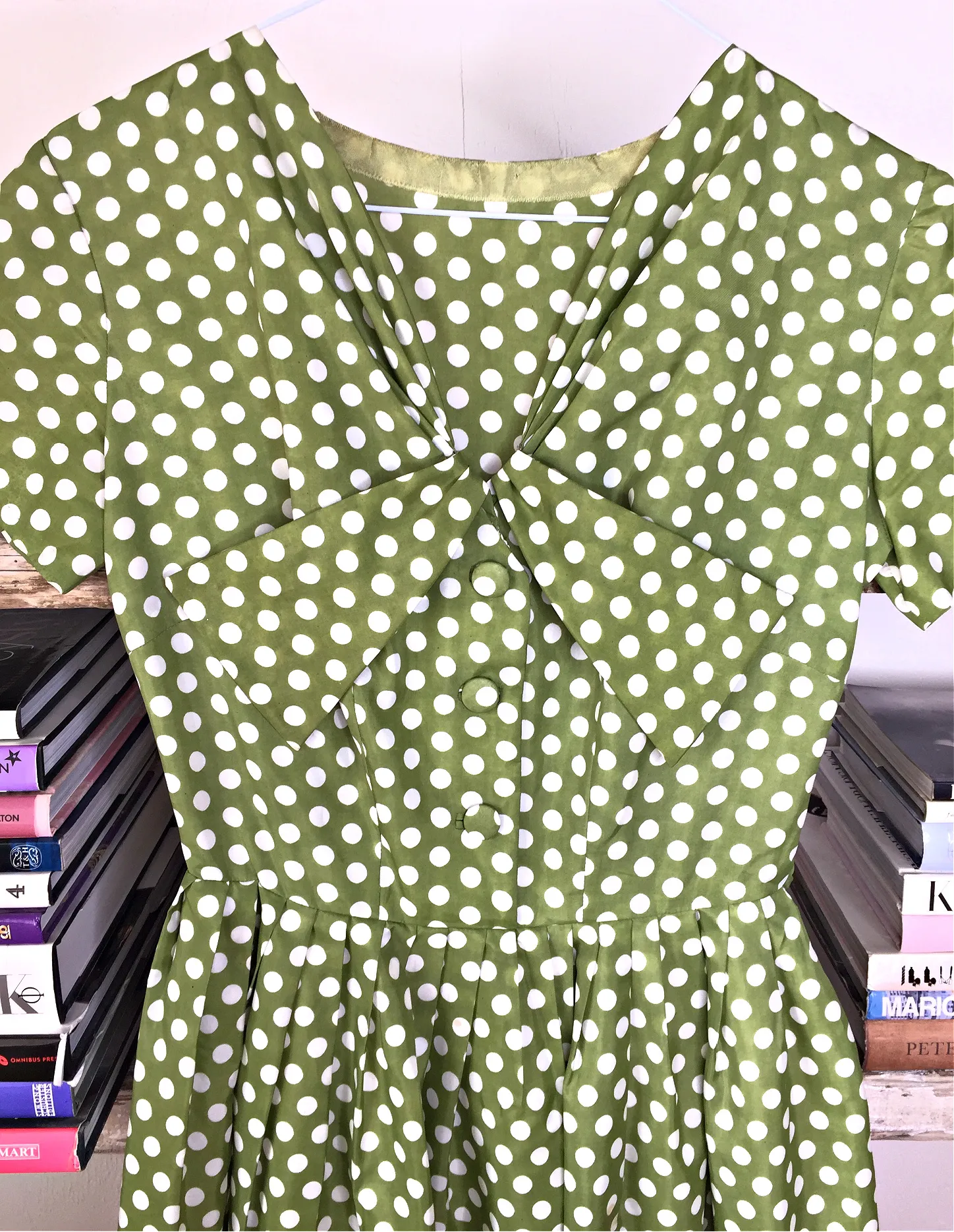 50s vintage tea dress, olive green with polka dot print