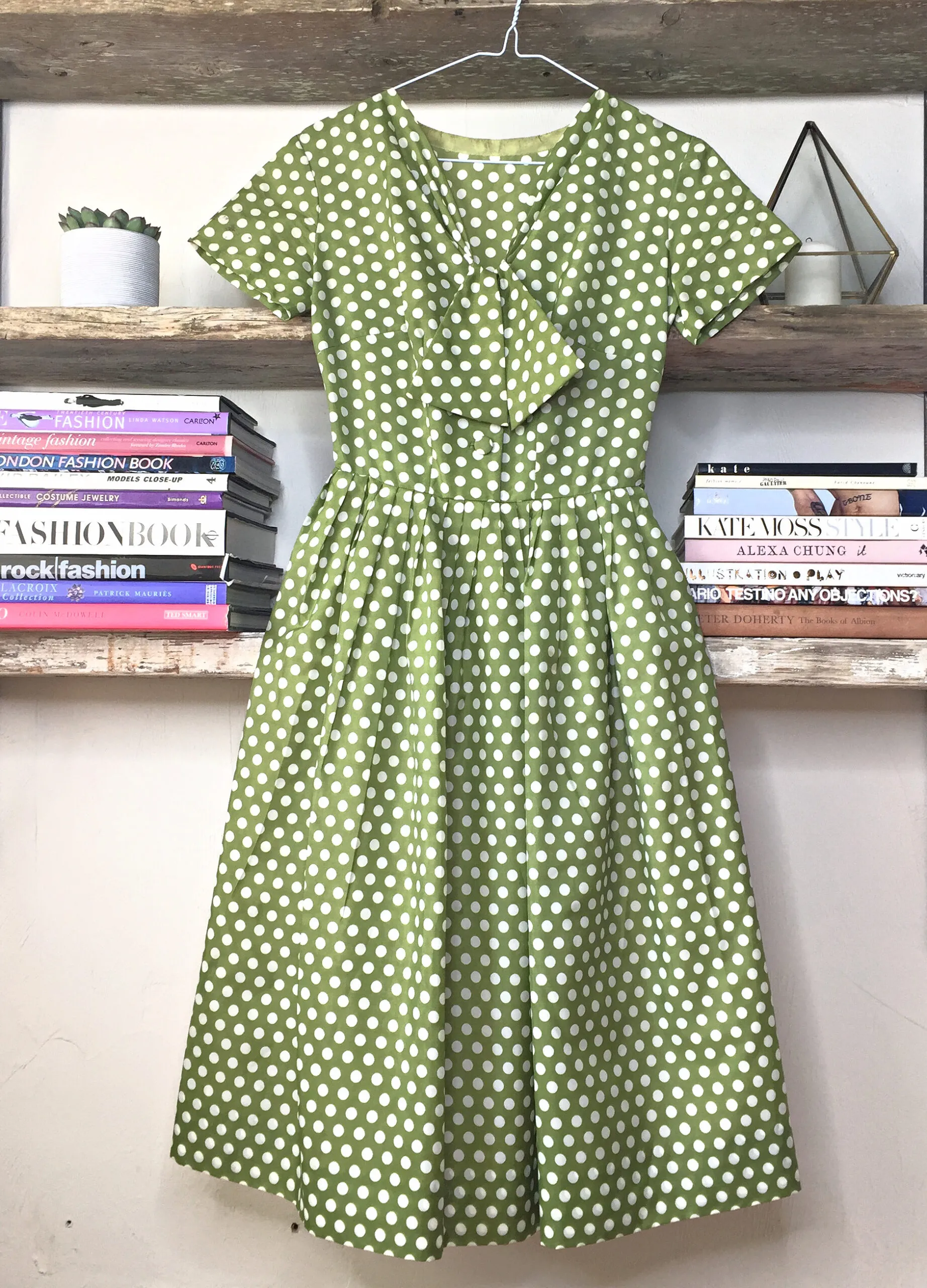 50s vintage tea dress, olive green with polka dot print