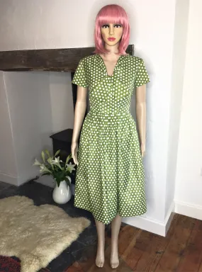 50s vintage tea dress, olive green with polka dot print