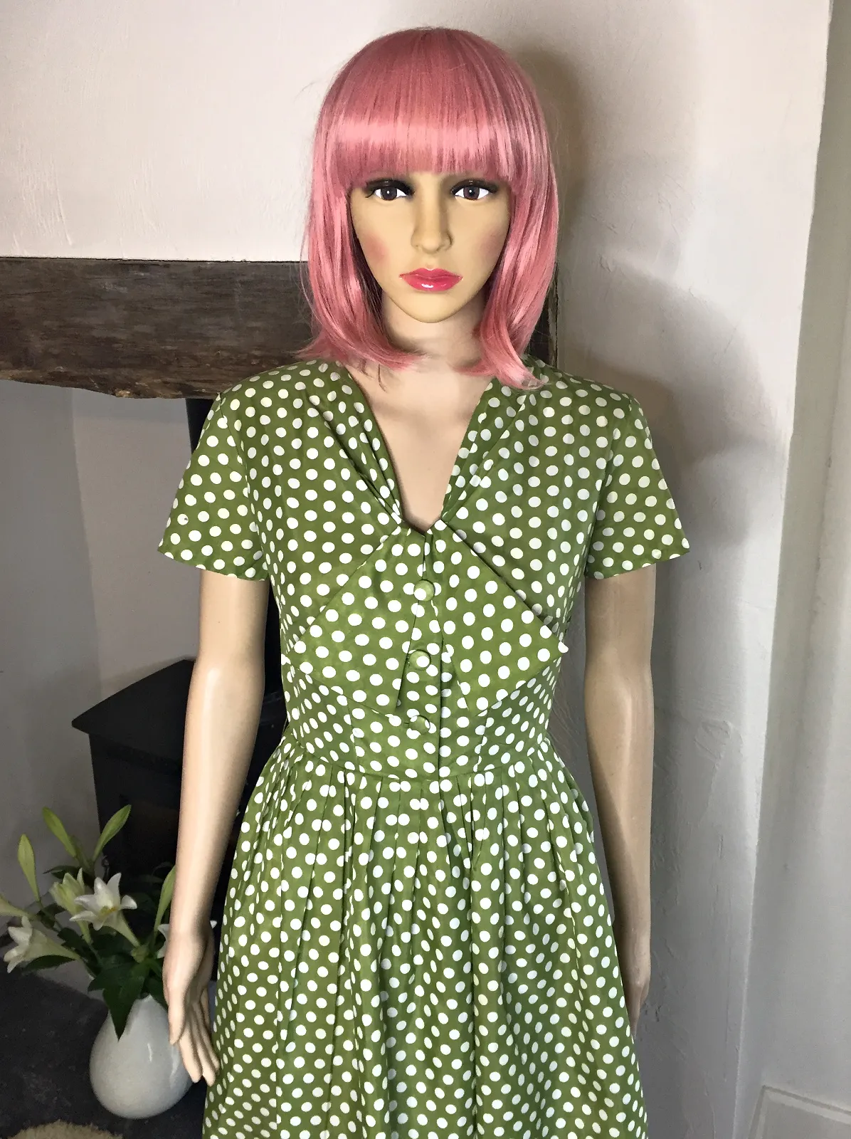 50s vintage tea dress, olive green with polka dot print