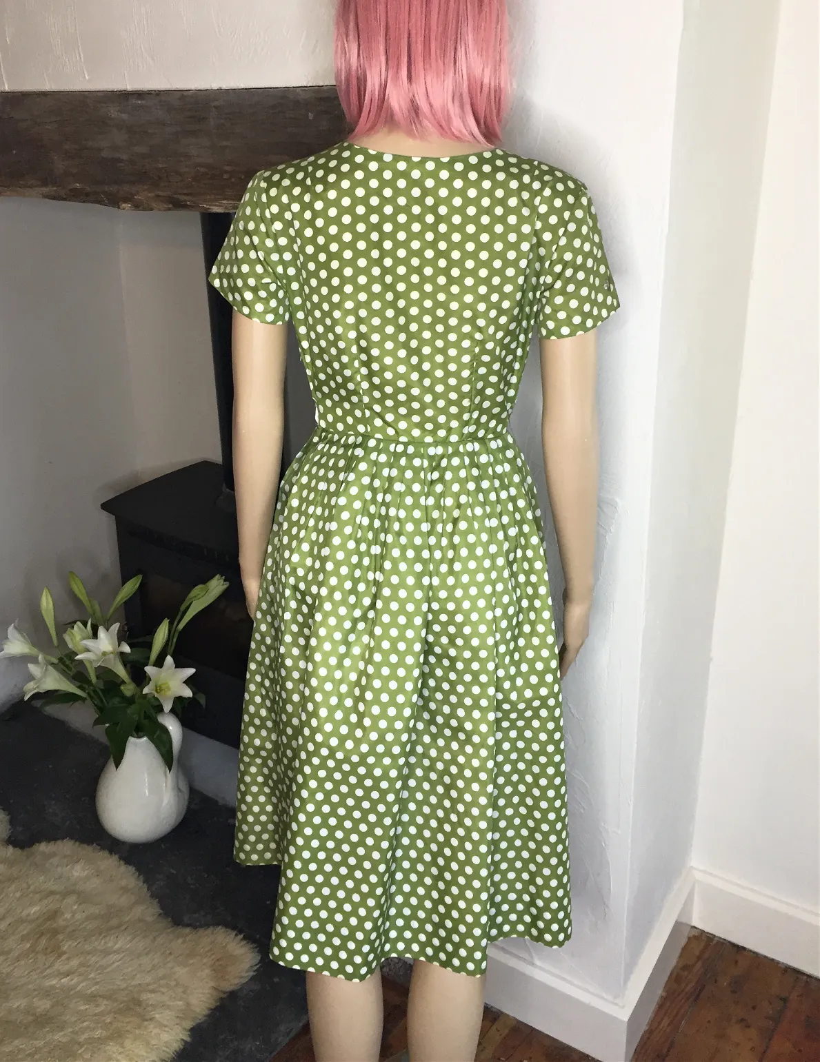 50s vintage tea dress, olive green with polka dot print