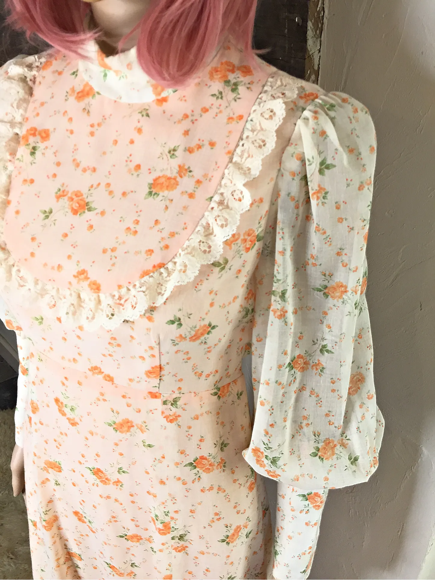 70s vintage prairie dress, maxi length with delicate rose print