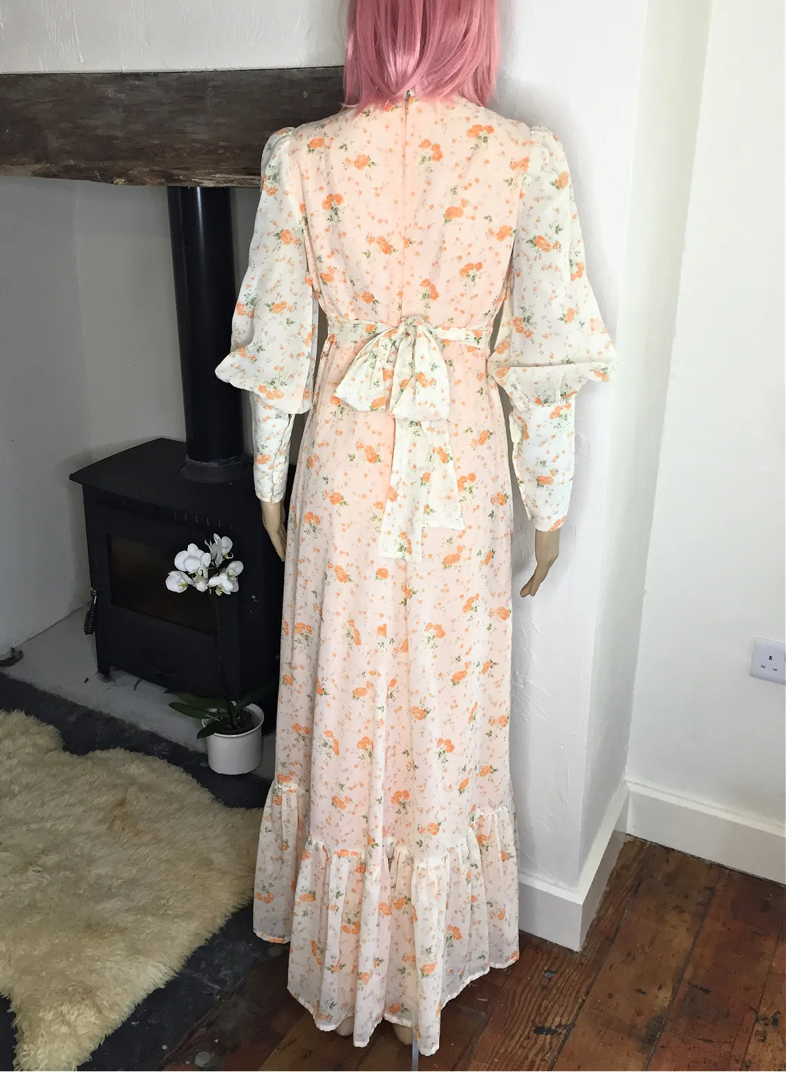 70s vintage prairie dress, maxi length with delicate rose print