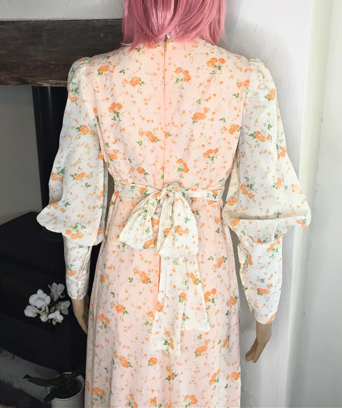 70s vintage prairie dress, maxi length with delicate rose print