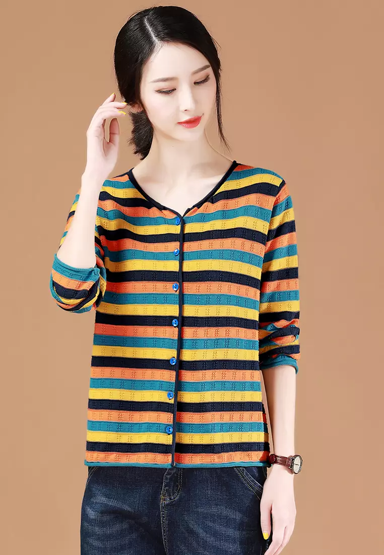 A-IN GIRLS Striped Colorblock Sweater Coat