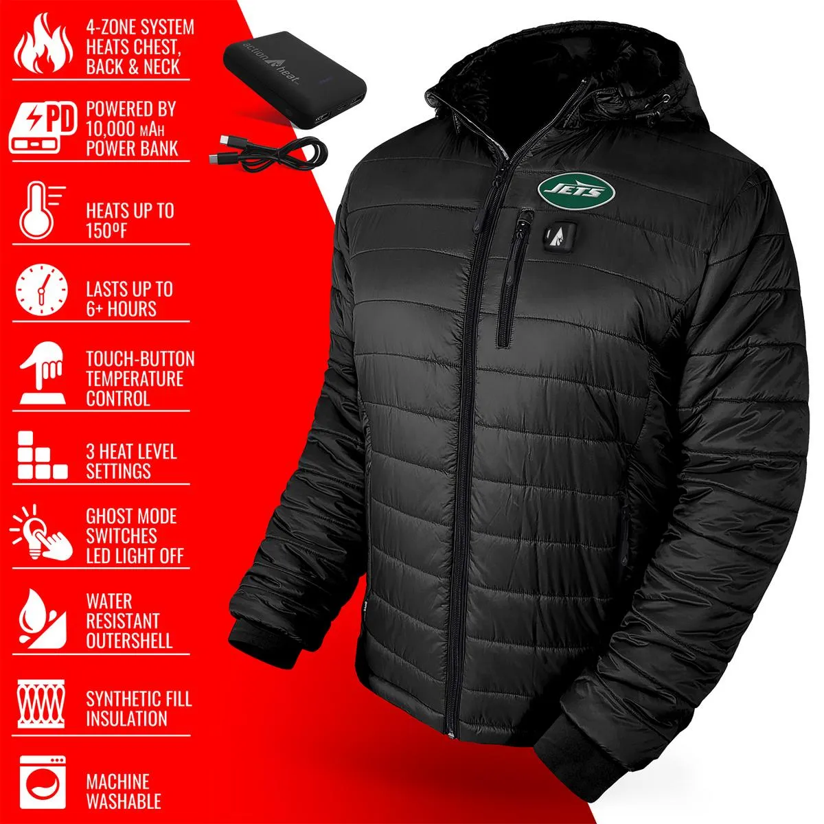 ActionHeat New York Jets 5V Men's Puffer Battery Heated Jacket