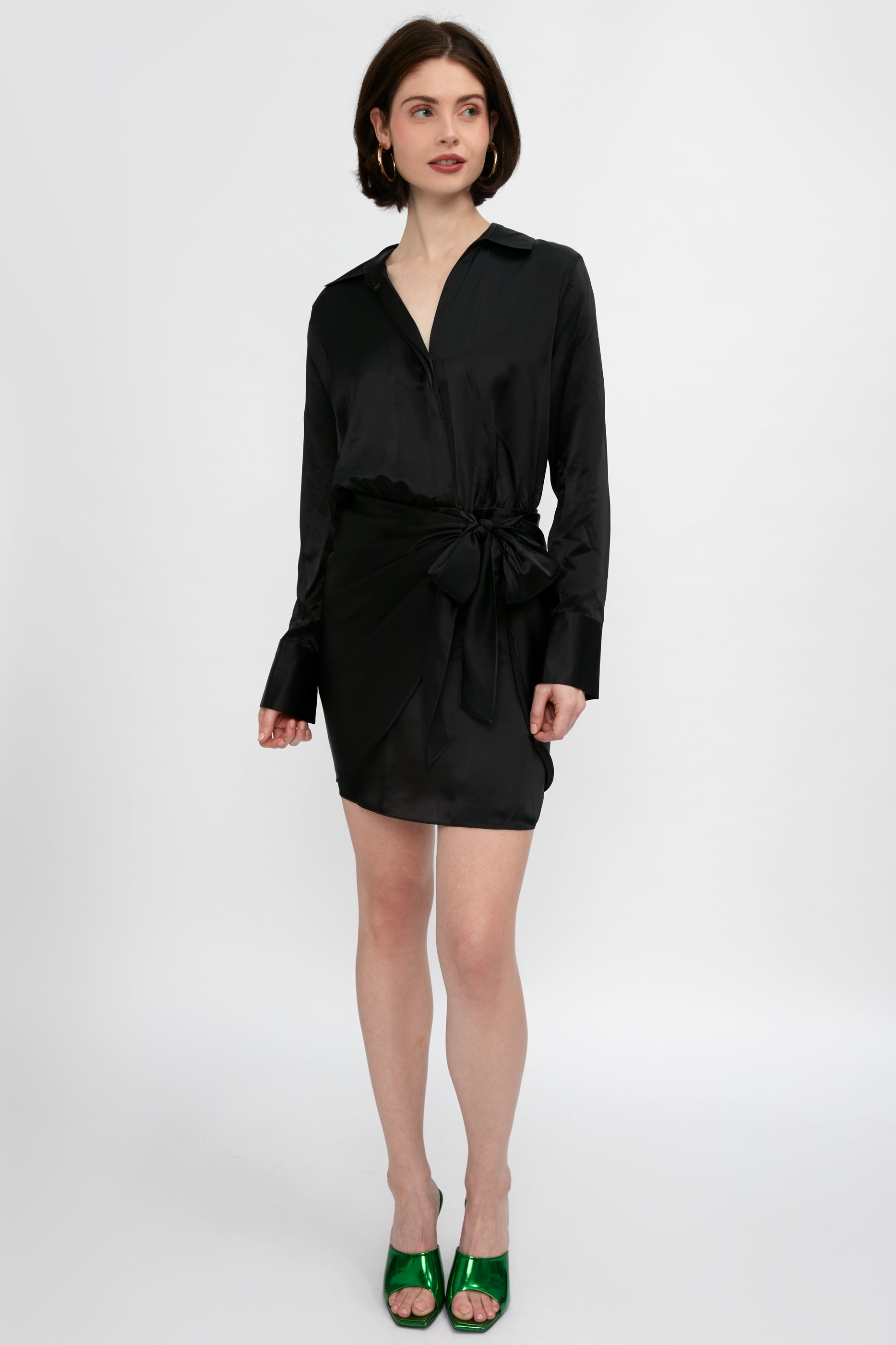 Atlas Silk Satin Wrap Effect Dress in Black