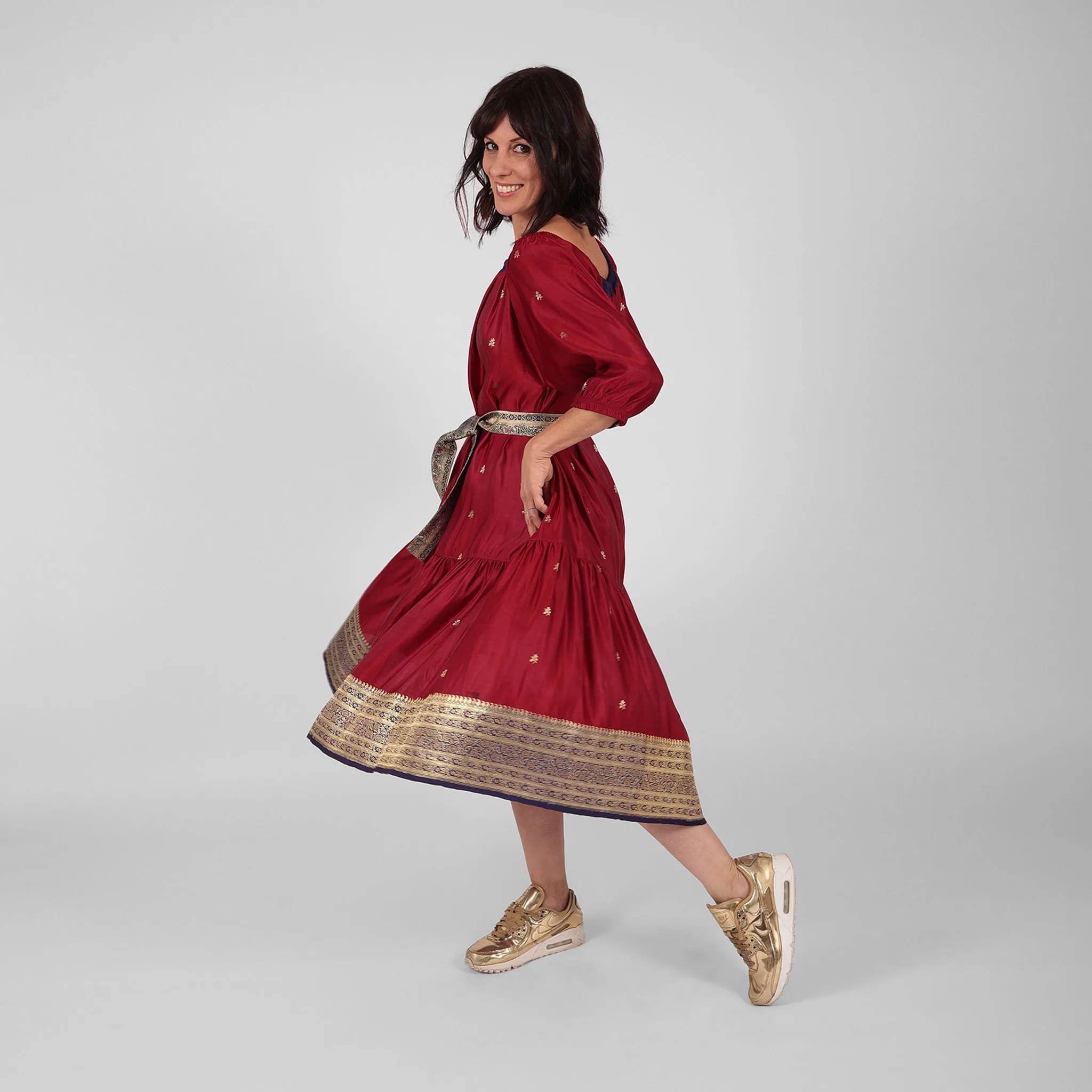 Ausus - Vintage Silk Sari Ruby Red Midaxi Dress