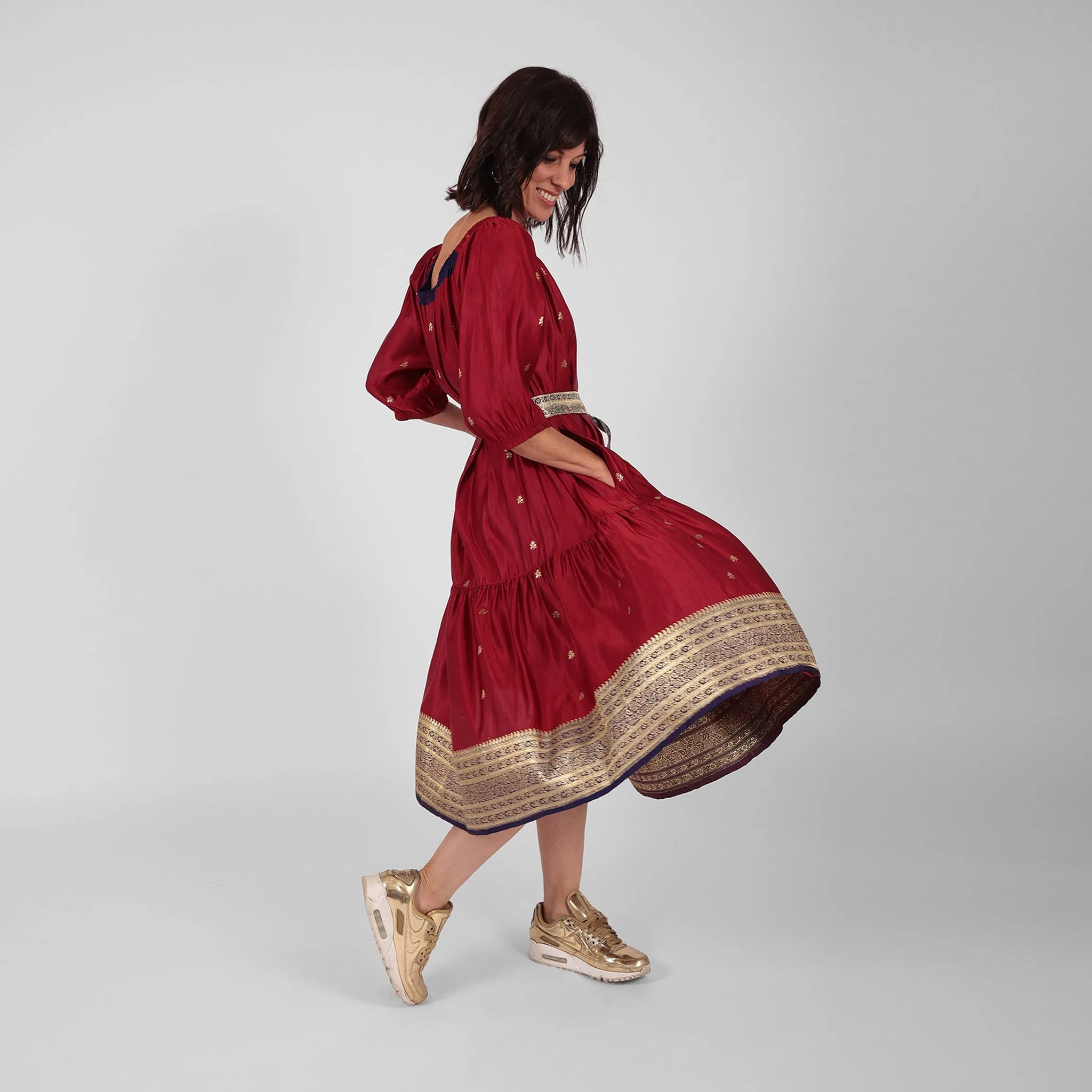 Ausus - Vintage Silk Sari Ruby Red Midaxi Dress