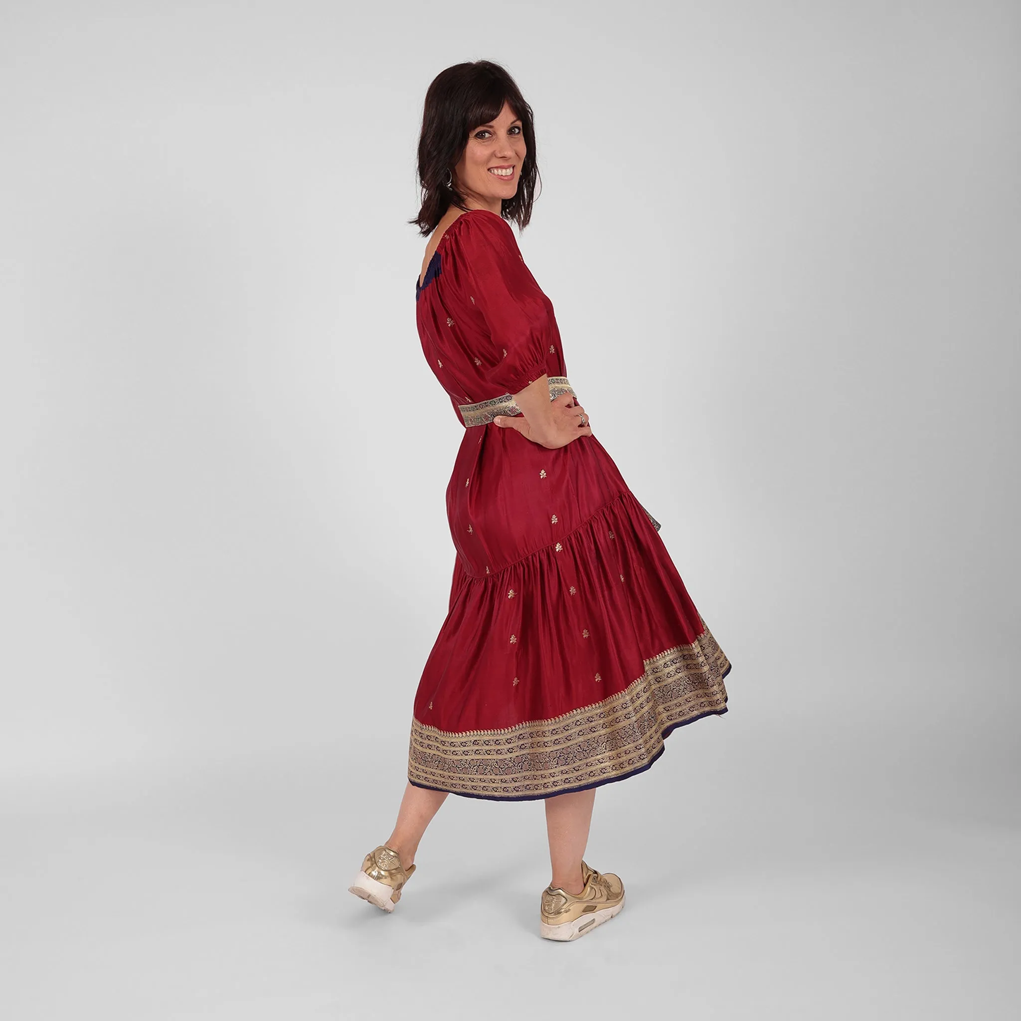 Ausus - Vintage Silk Sari Ruby Red Midaxi Dress