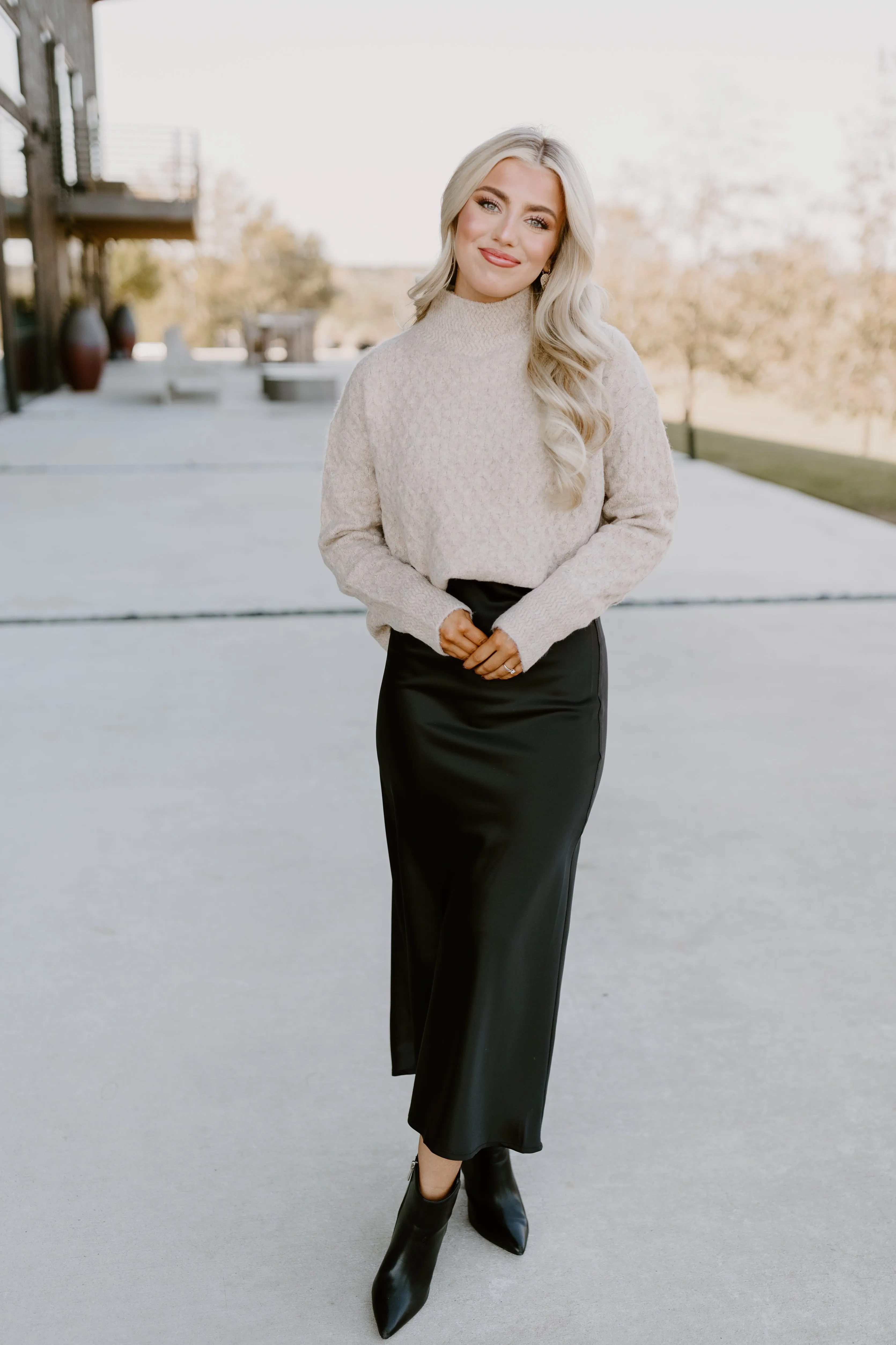 Black Satin Midi Skirt