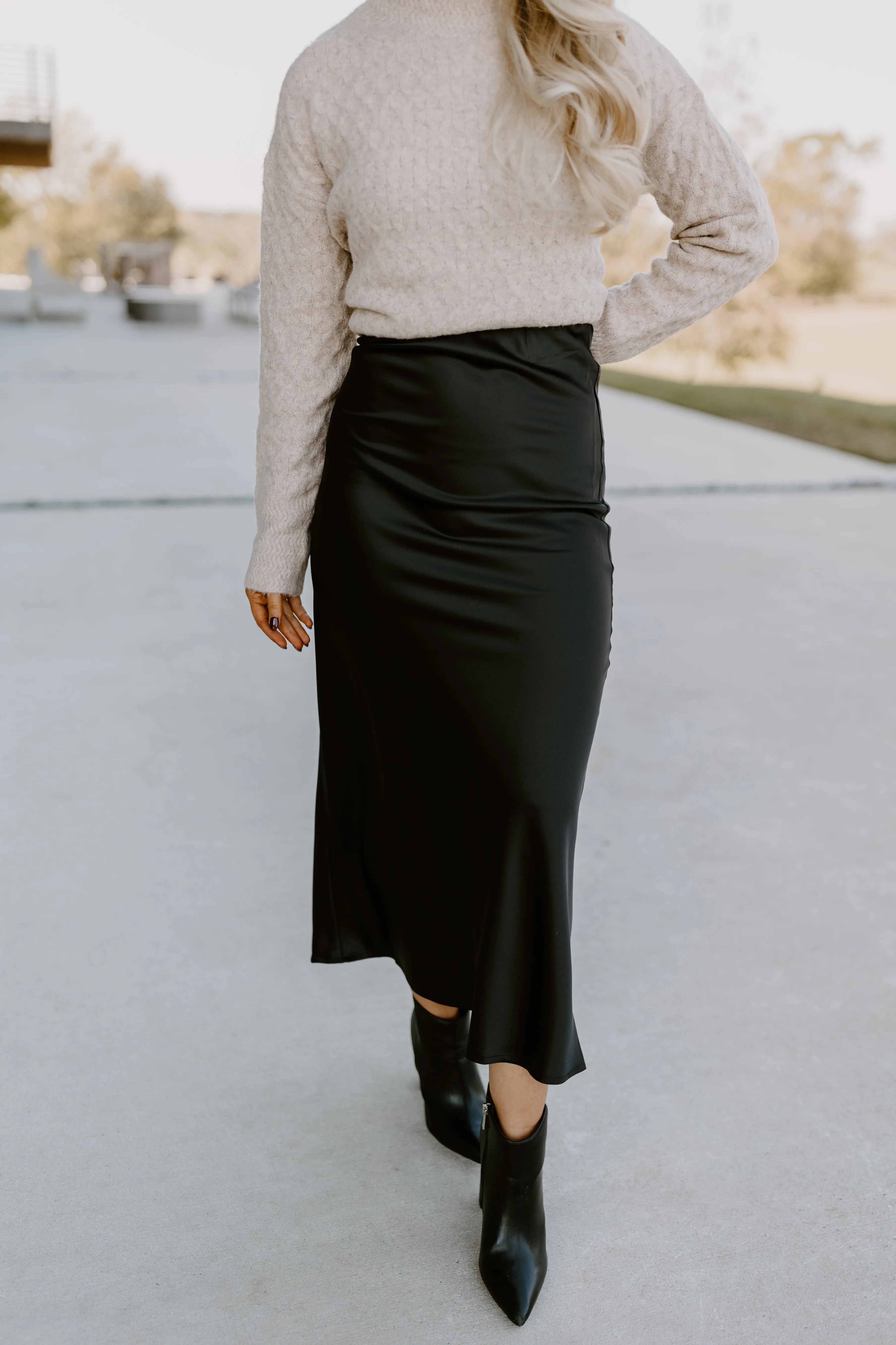 Black Satin Midi Skirt