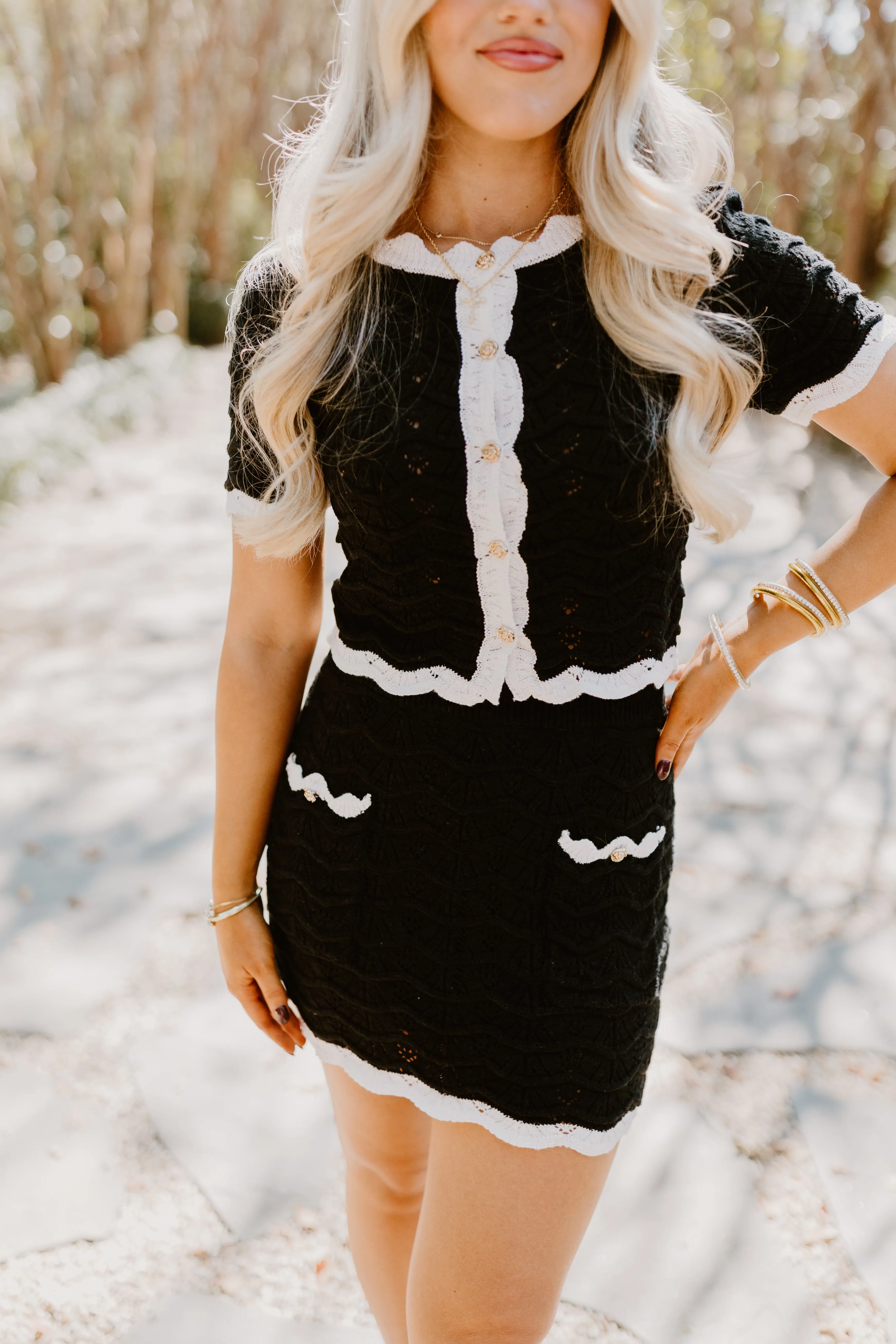 Black Scallop Detail Cardigan and Skirt Set