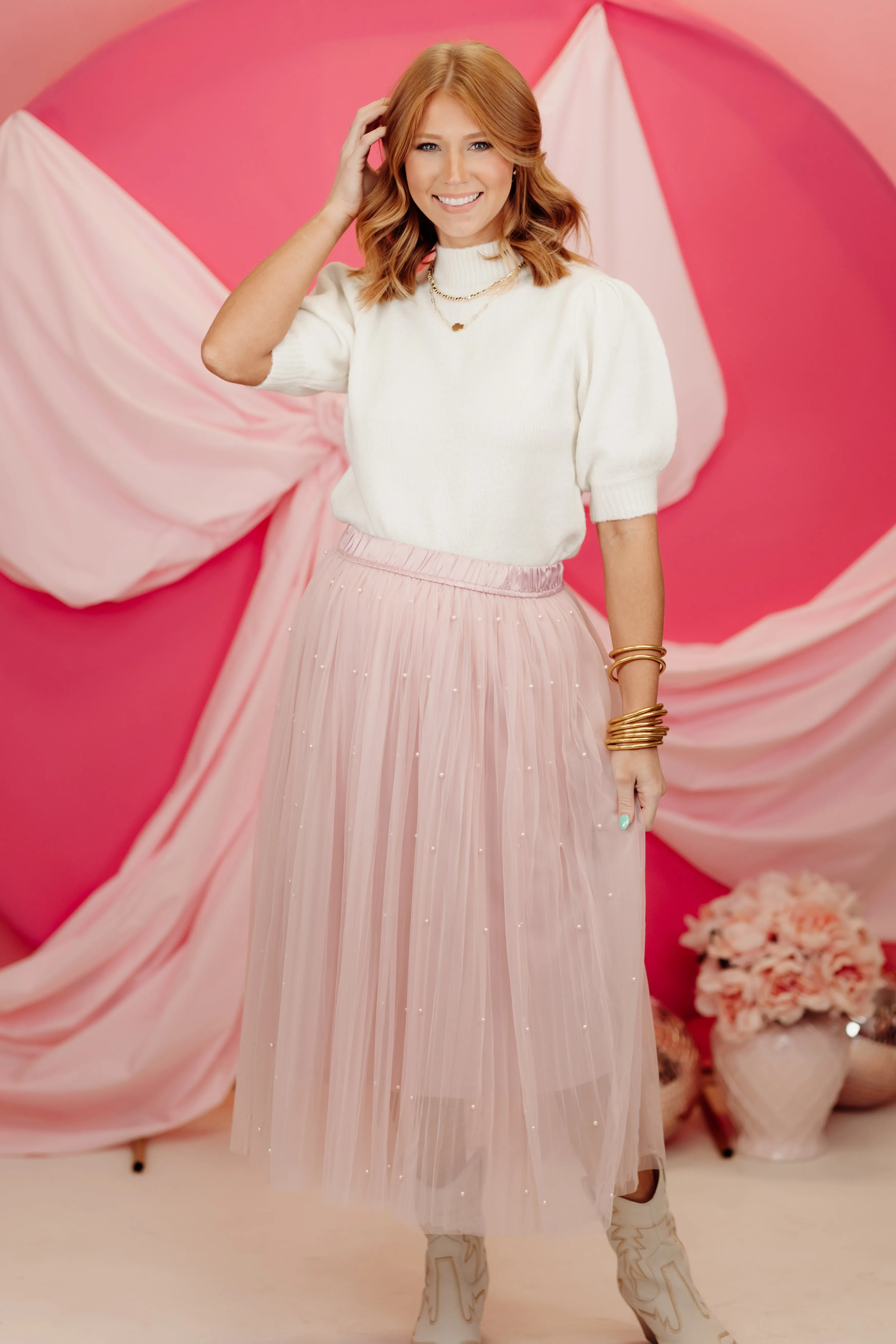 Blush Organza Pearl Detail Midi Skirt