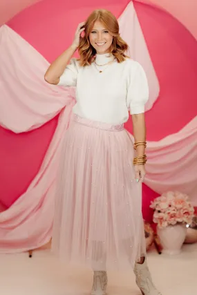 Blush Organza Pearl Detail Midi Skirt