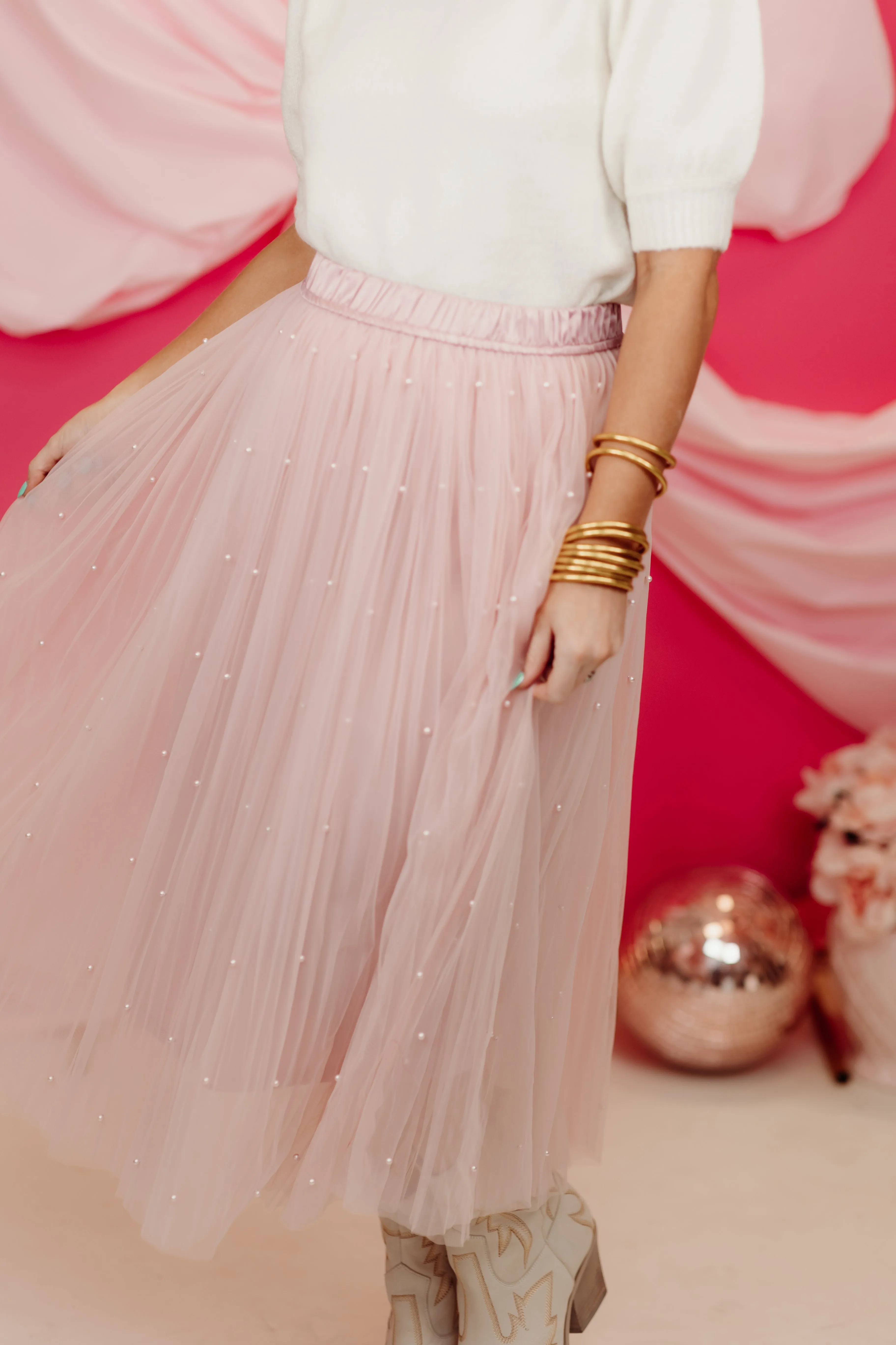 Blush Organza Pearl Detail Midi Skirt