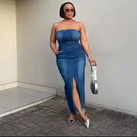 Boob Tube Slit Denim Dress