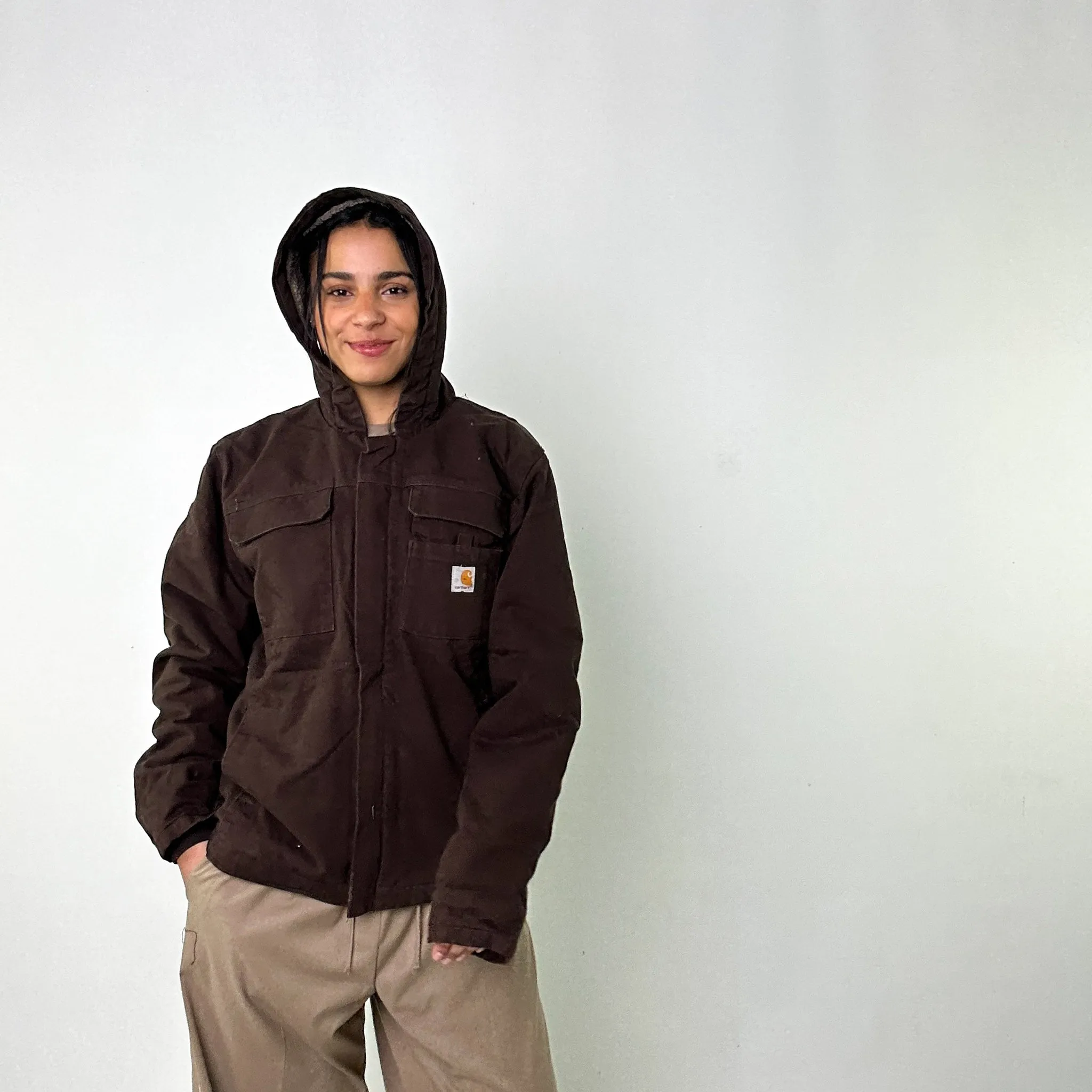 Brown Vintage Carhartt Sherpa Lined Hooded Arctic Deadstock Workwear Jacket Coat (M)