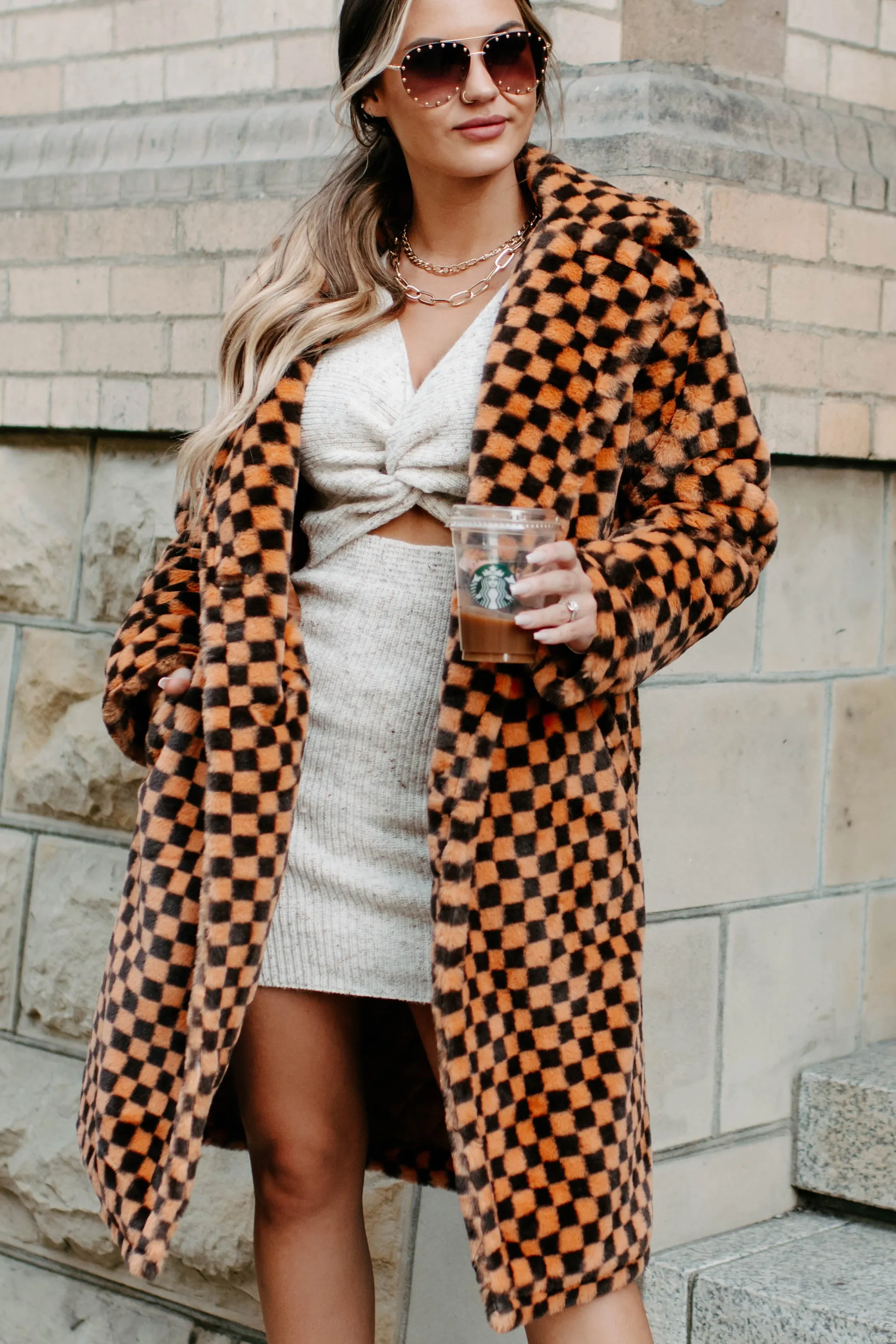 Call My Lawyer Checkered Faux Fur Coat (Brown & Orange)