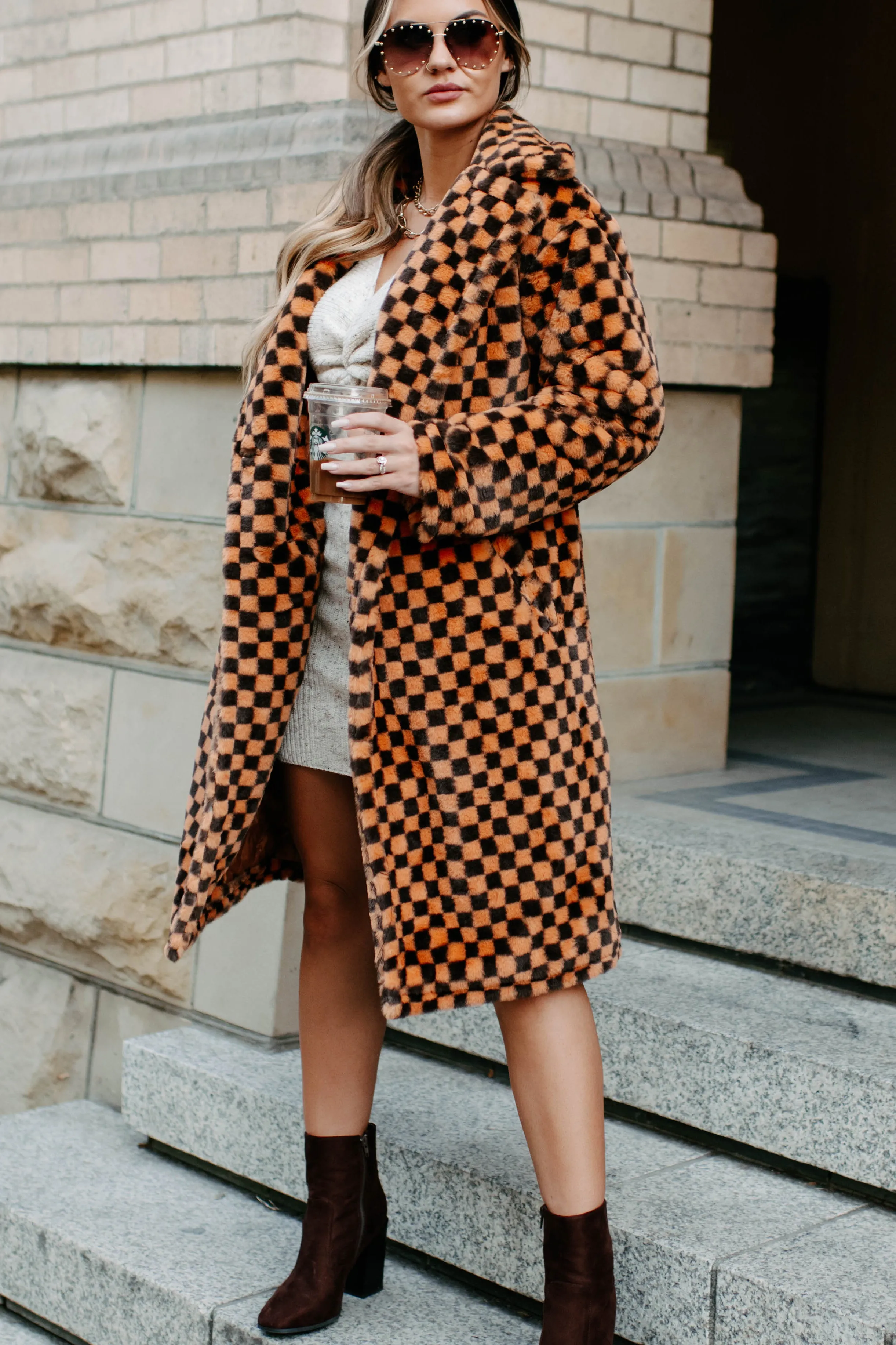 Call My Lawyer Checkered Faux Fur Coat (Brown & Orange)