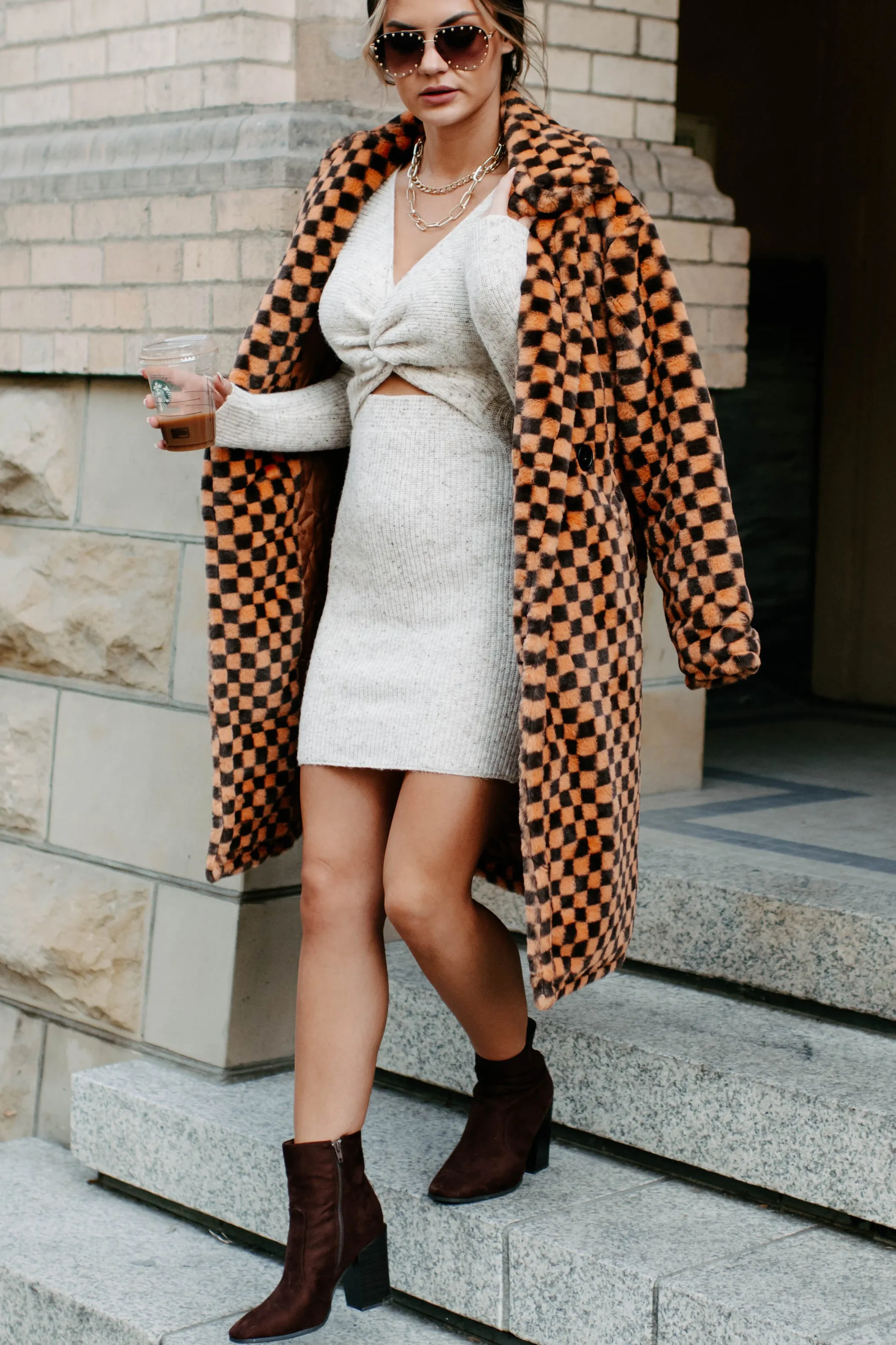 Call My Lawyer Checkered Faux Fur Coat (Brown & Orange)