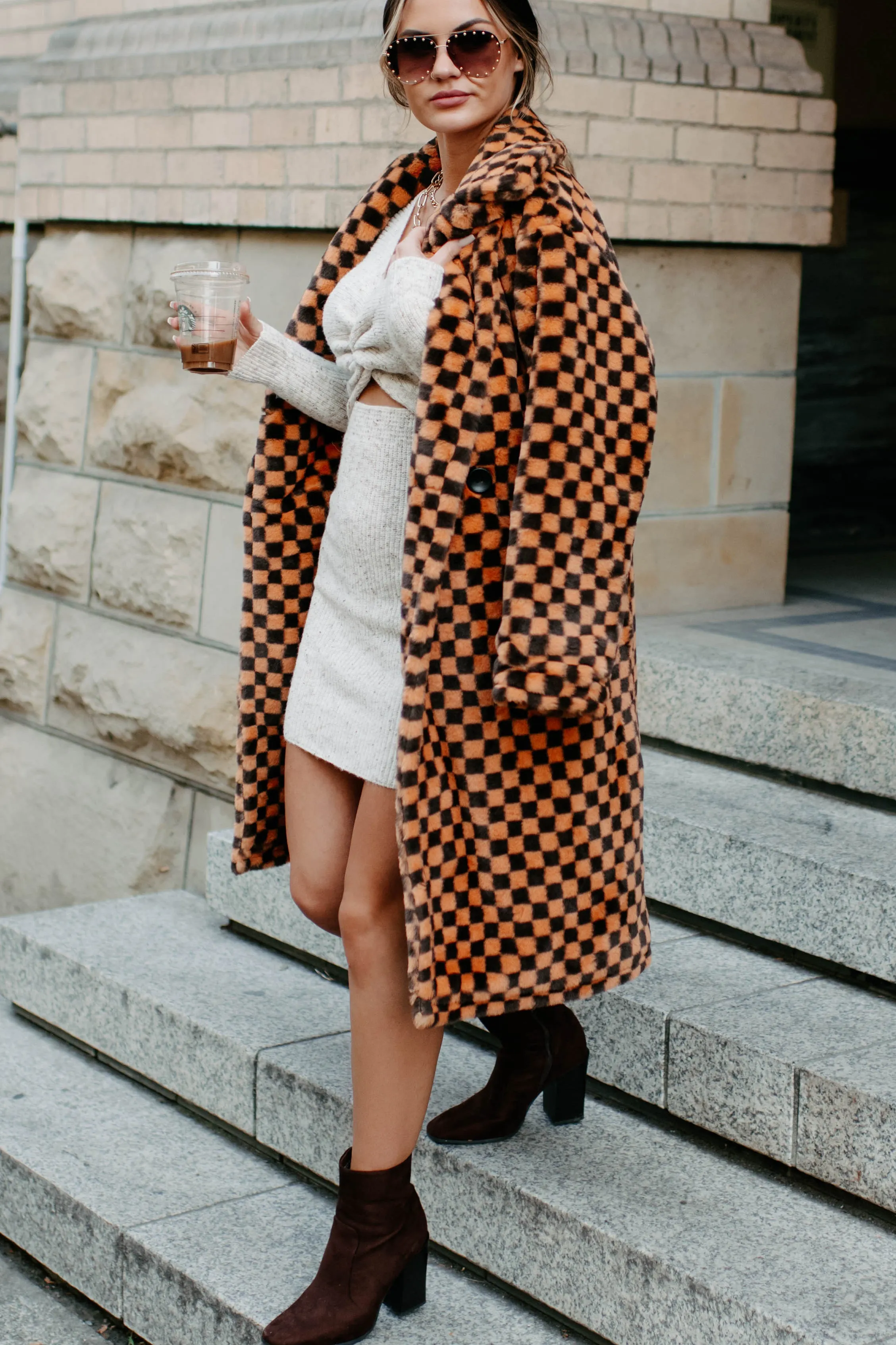 Call My Lawyer Checkered Faux Fur Coat (Brown & Orange)