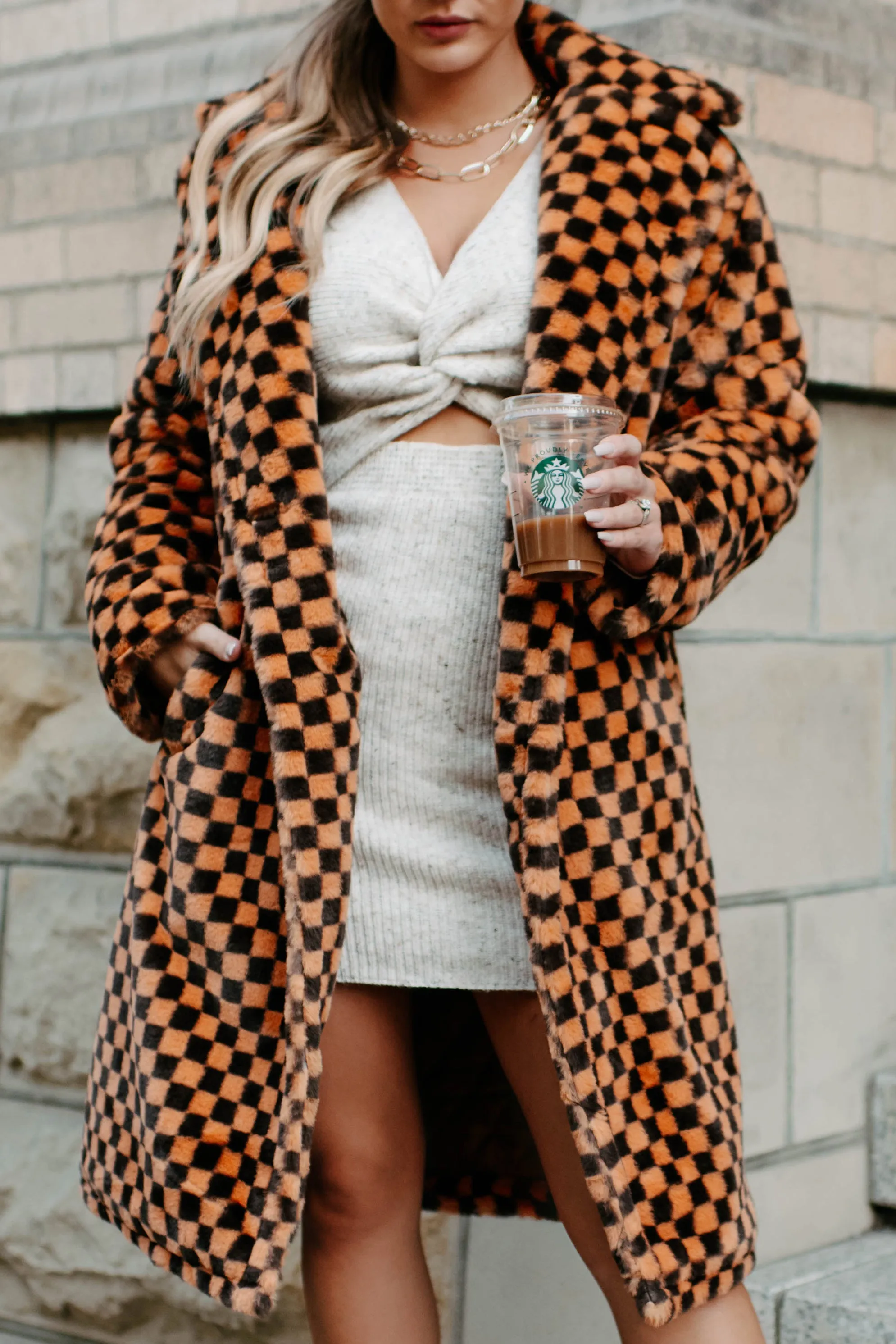 Call My Lawyer Checkered Faux Fur Coat (Brown & Orange)