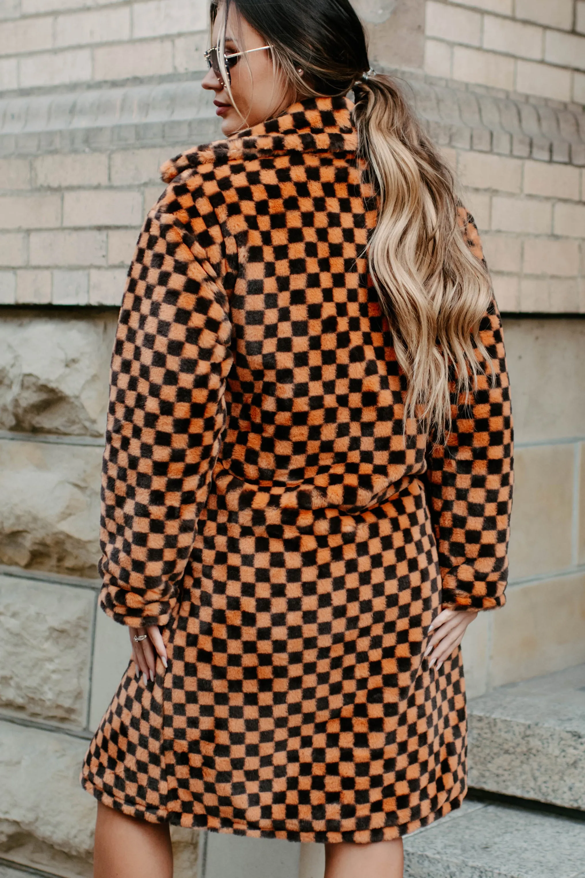 Call My Lawyer Checkered Faux Fur Coat (Brown & Orange)