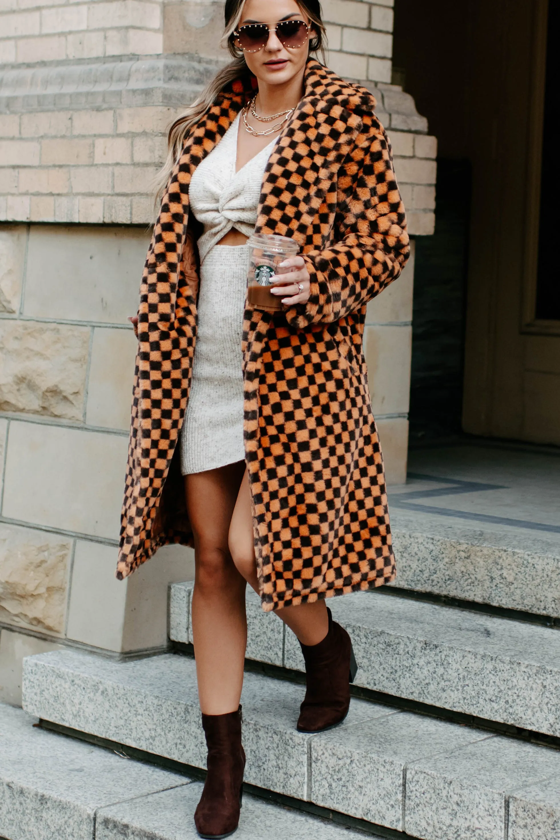 Call My Lawyer Checkered Faux Fur Coat (Brown & Orange)