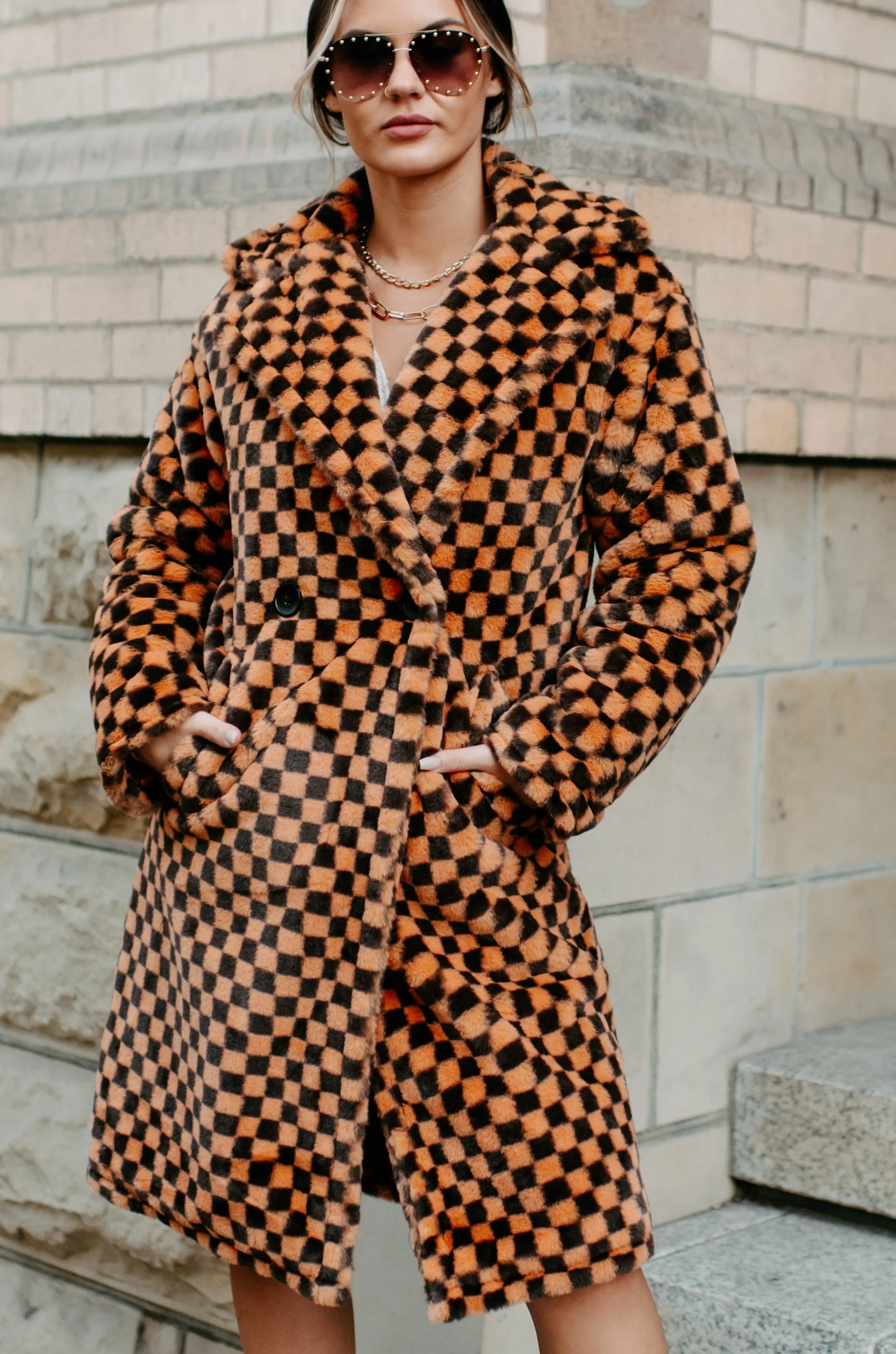 Call My Lawyer Checkered Faux Fur Coat (Brown & Orange)