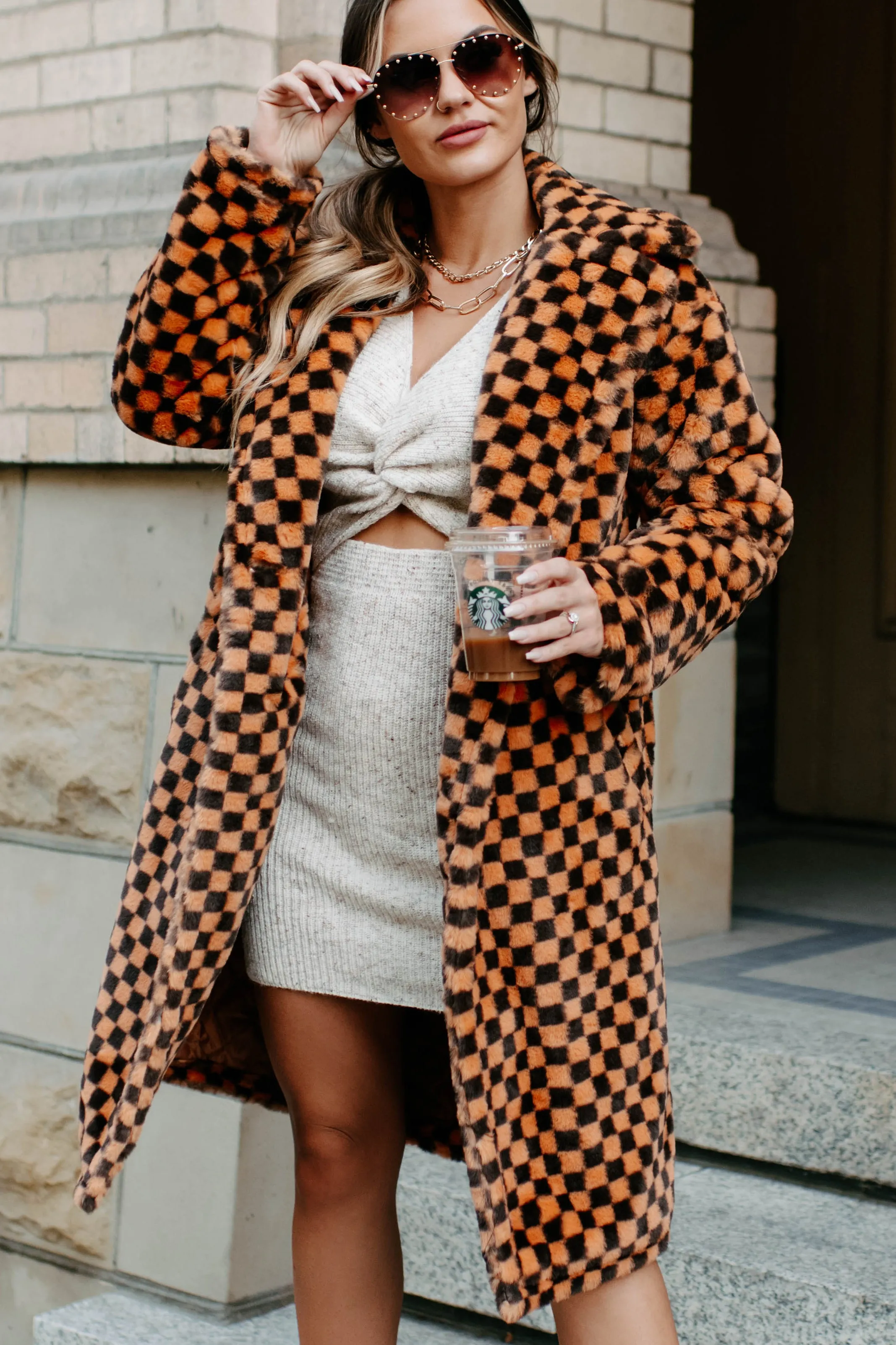 Call My Lawyer Checkered Faux Fur Coat (Brown & Orange)