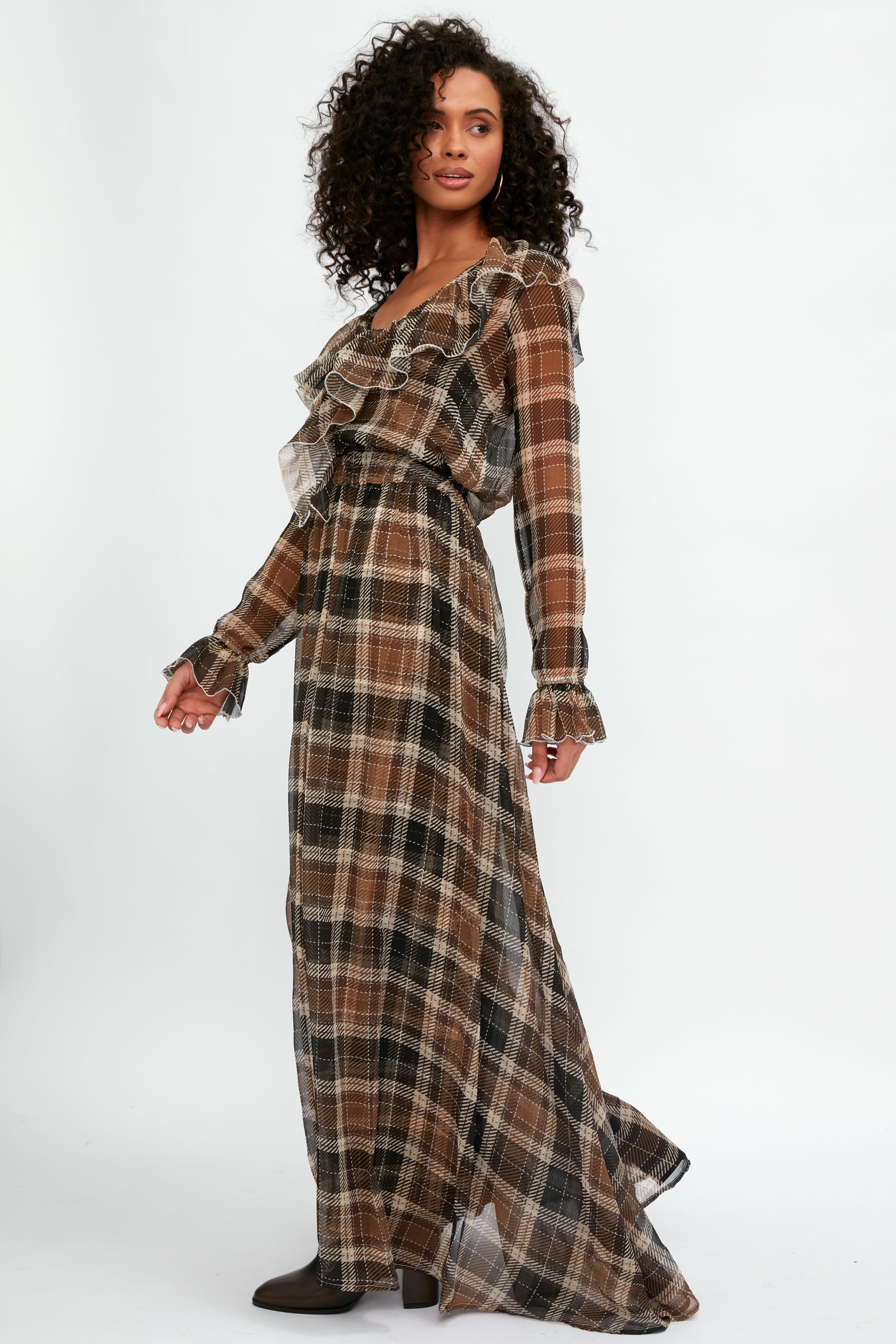 Calla Silk Maxi Dress in Tartan Nocciola