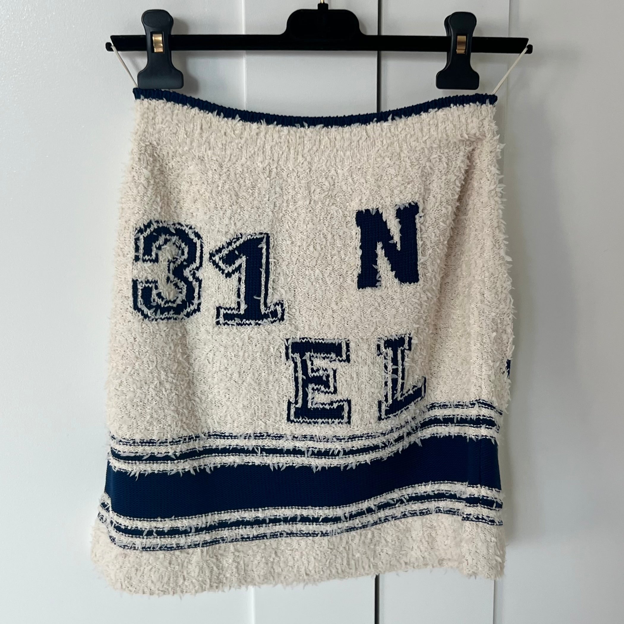 CHANEL cream boucle blue CC knit logo varsity short skirt FR36 S