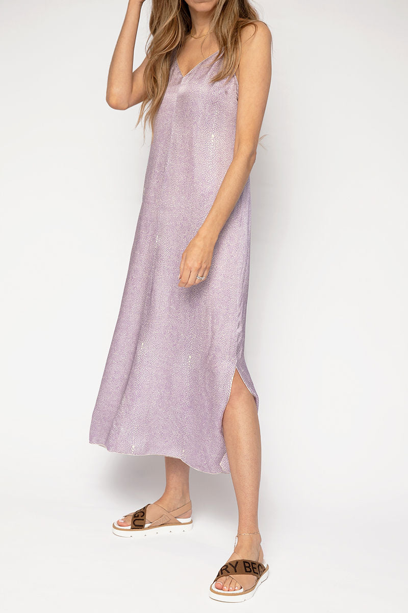 Cloquet Silk Satin Slip Dress in Lilac Twinkle Print