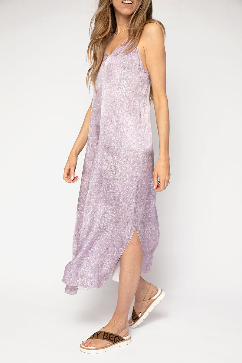 Cloquet Silk Satin Slip Dress in Lilac Twinkle Print