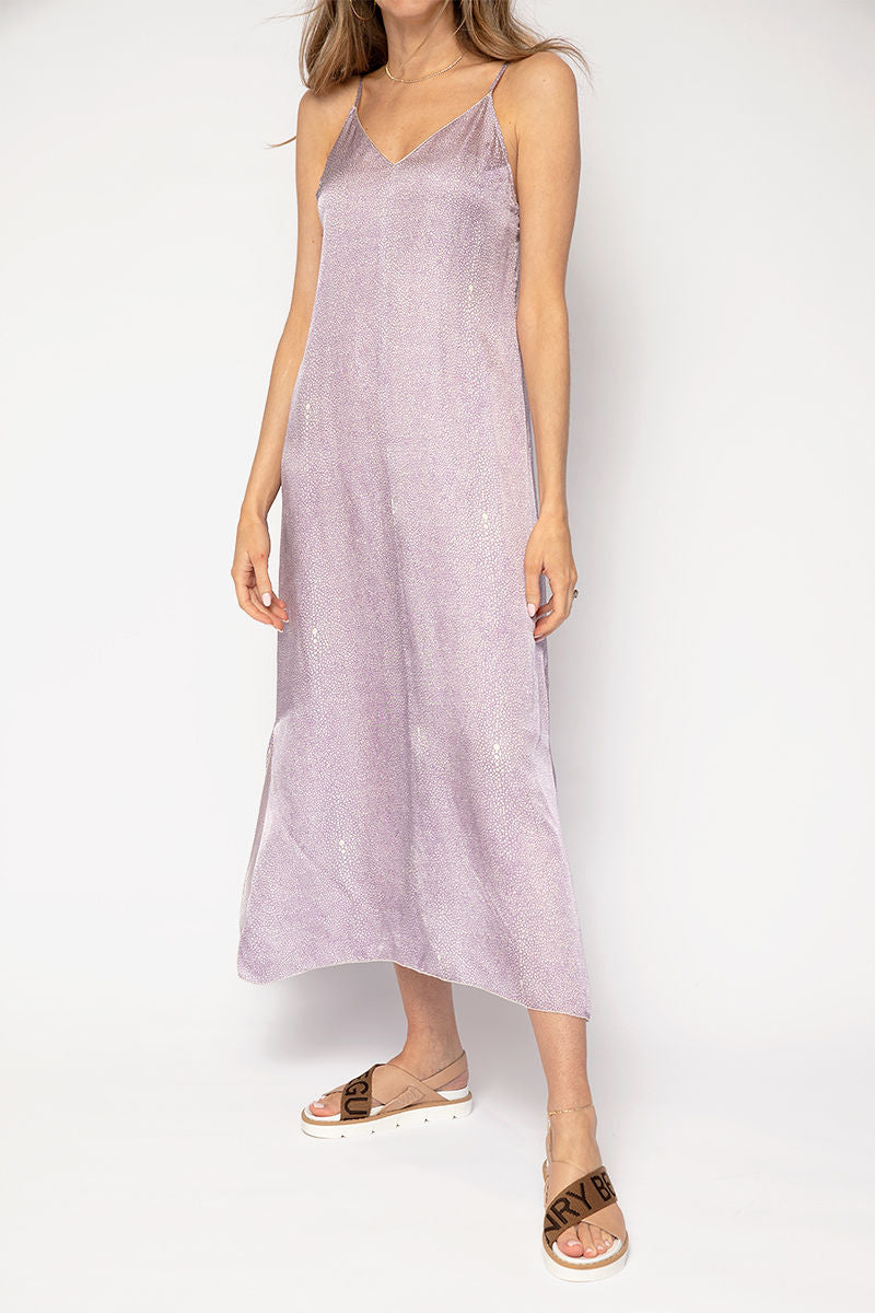 Cloquet Silk Satin Slip Dress in Lilac Twinkle Print