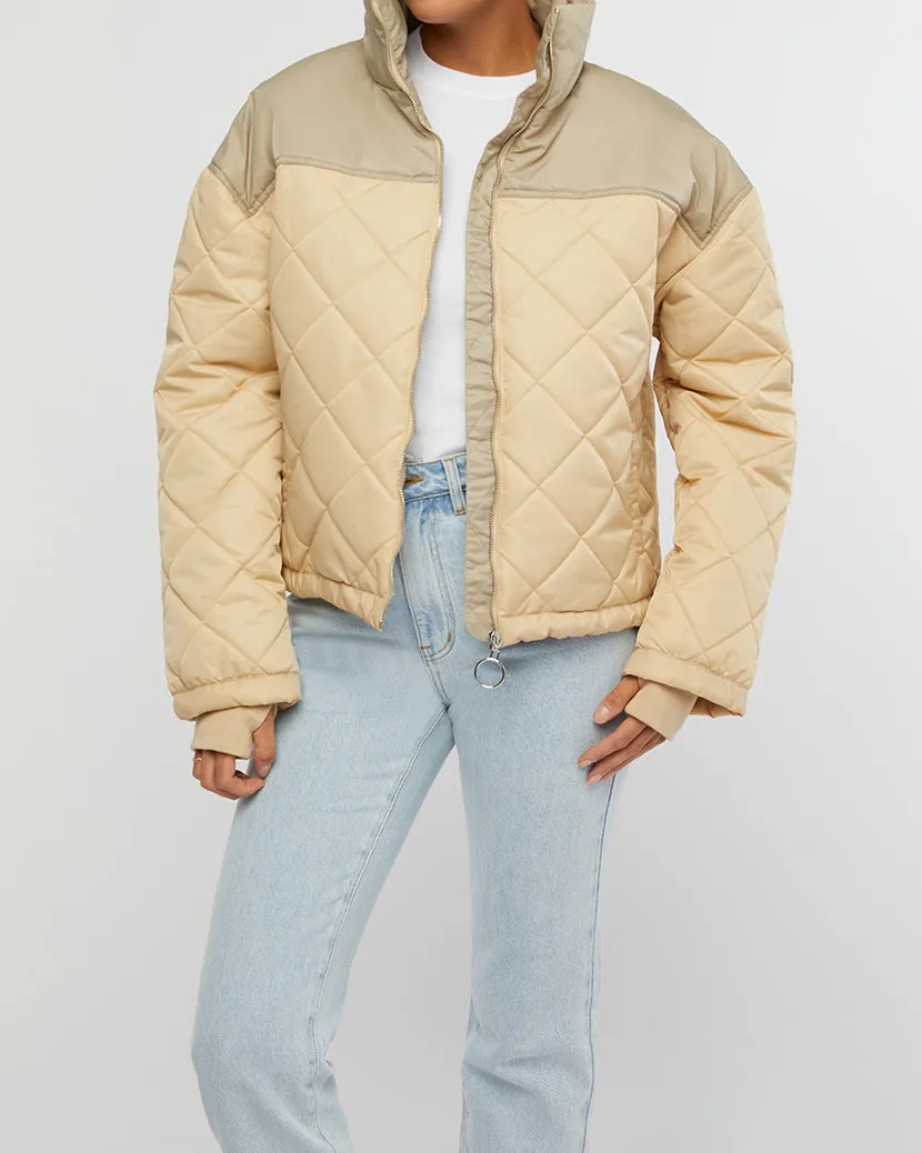 Color Blocked Quilted Puffer Jacket | Muted Sage x Beige