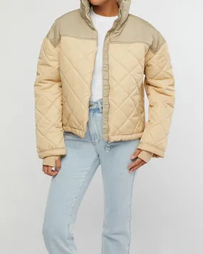 Color Blocked Quilted Puffer Jacket | Muted Sage x Beige