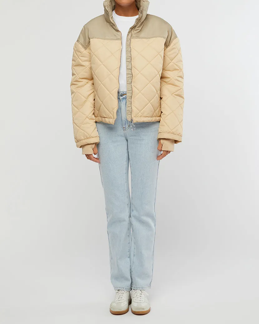 Color Blocked Quilted Puffer Jacket | Muted Sage x Beige