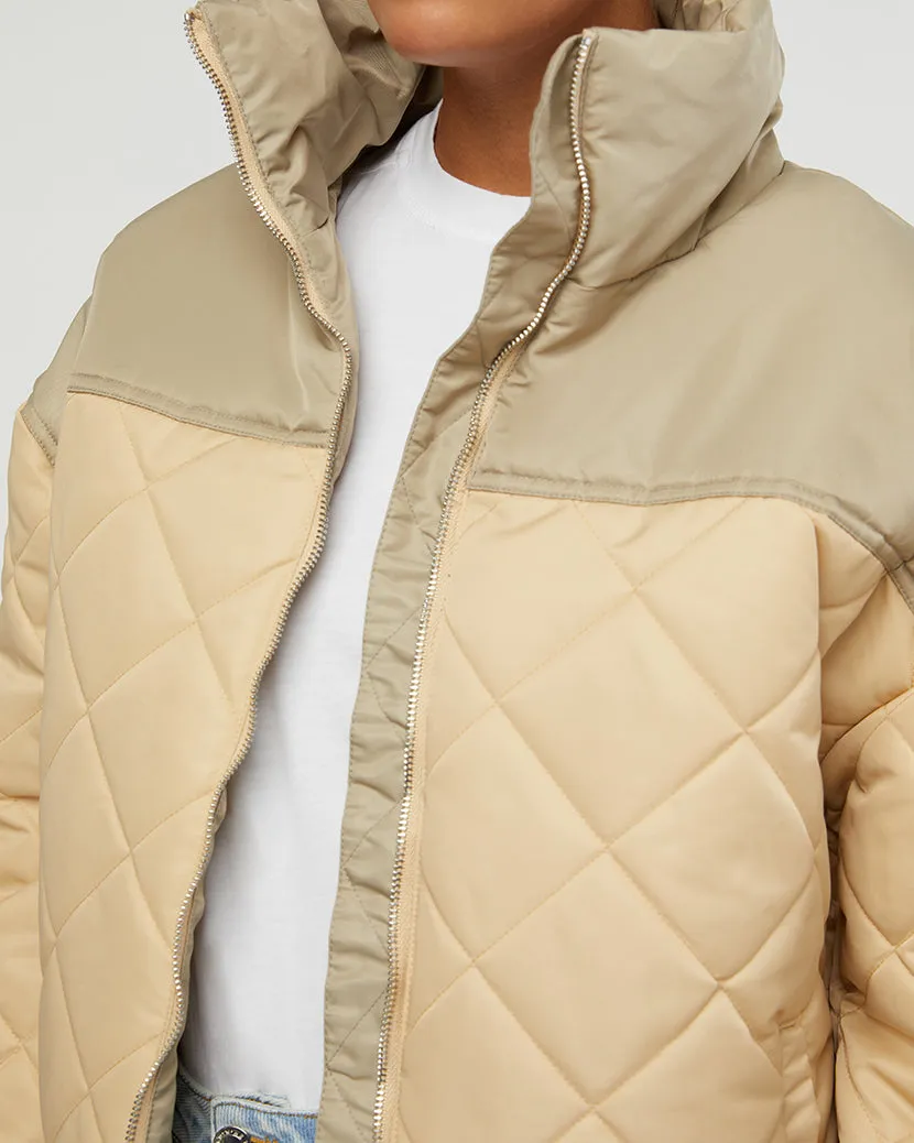 Color Blocked Quilted Puffer Jacket | Muted Sage x Beige