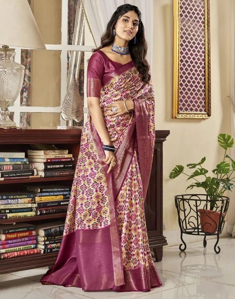 Cream Silk Printed Sarees