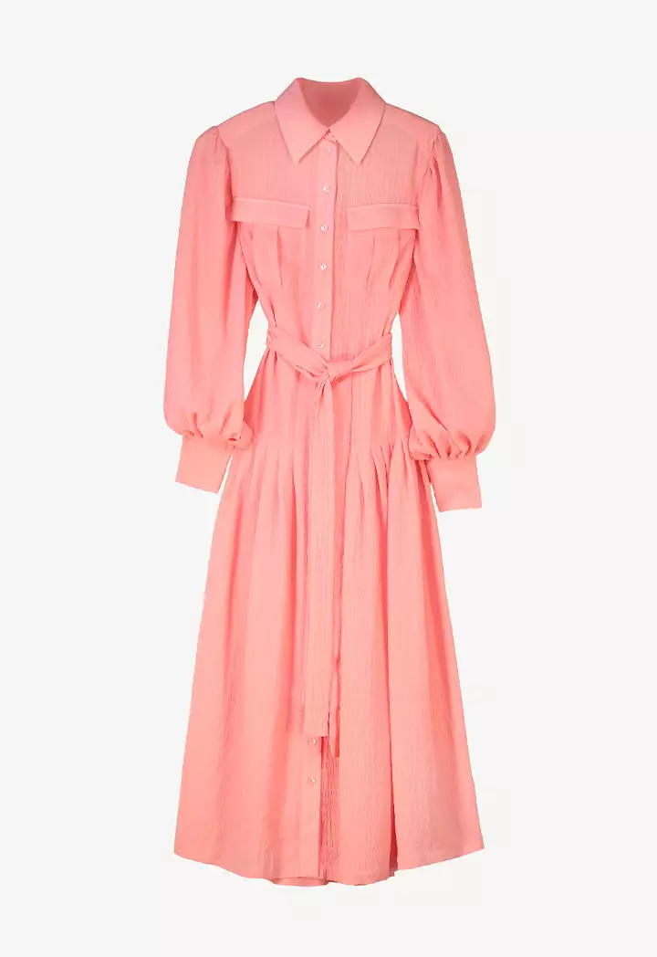 Crinkled Self Belt Solid Shirt Dress