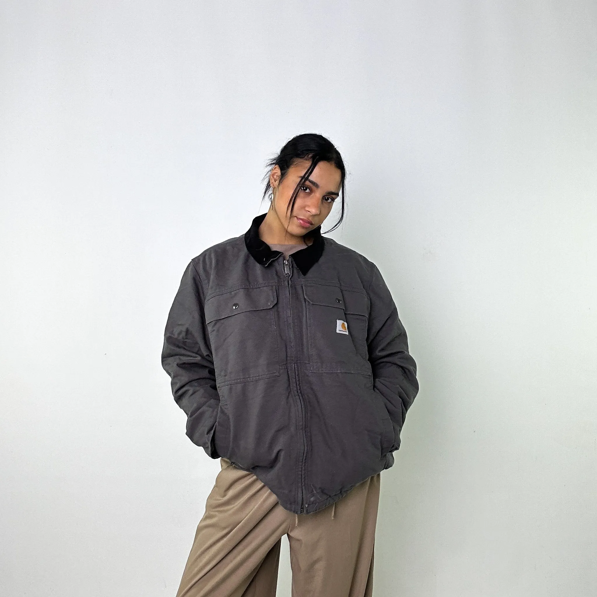 Dark Grey Vintage Carhartt Fleece Lined Arctic Deadstock Workwear Jacket Coat (M)