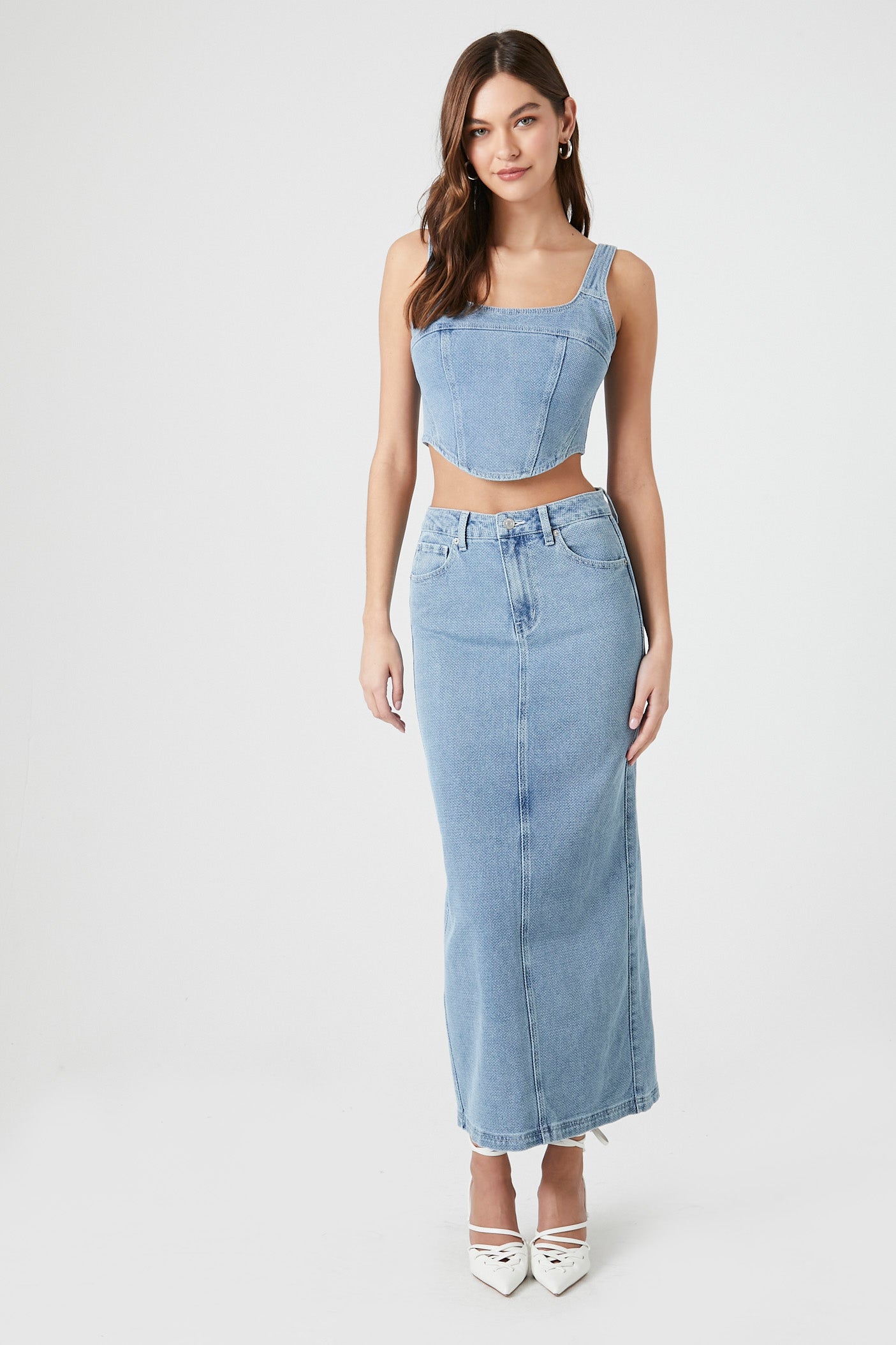 Denim Column Slit Maxi Skirt