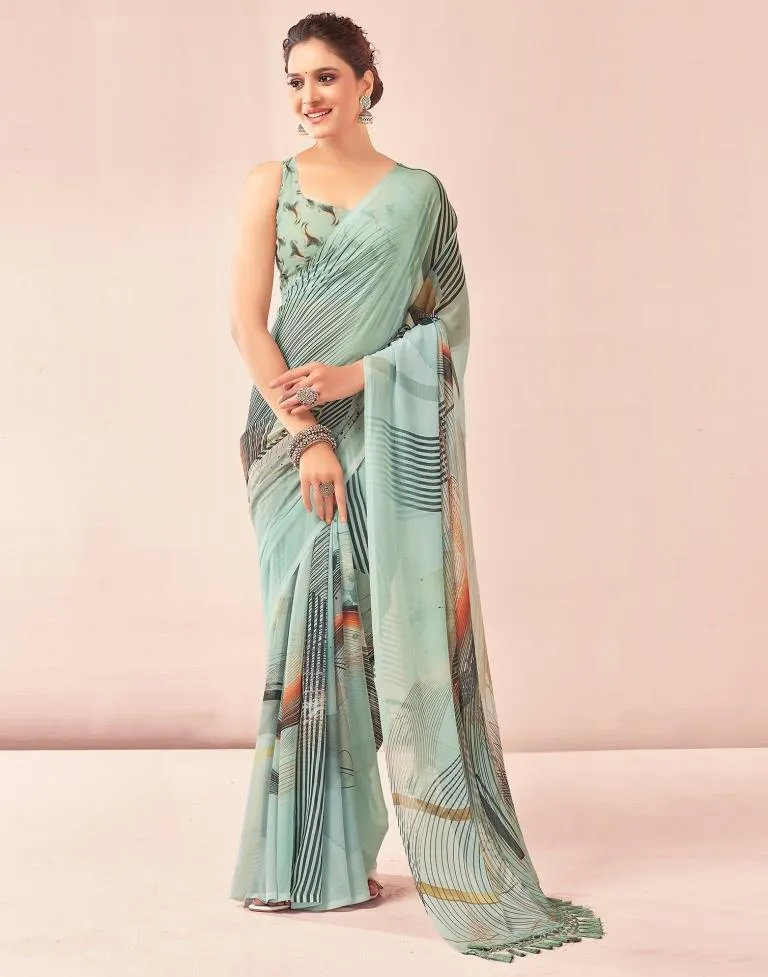 Dusty Green Georgette Printed Sarees