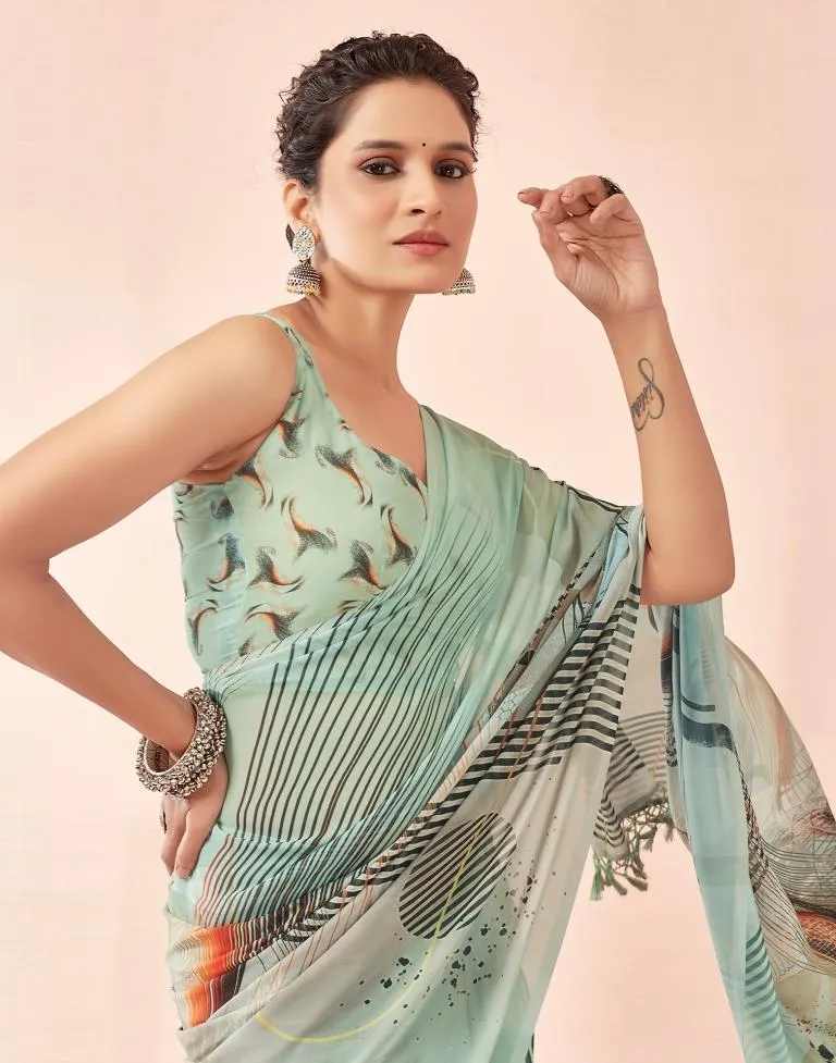 Dusty Green Georgette Printed Sarees