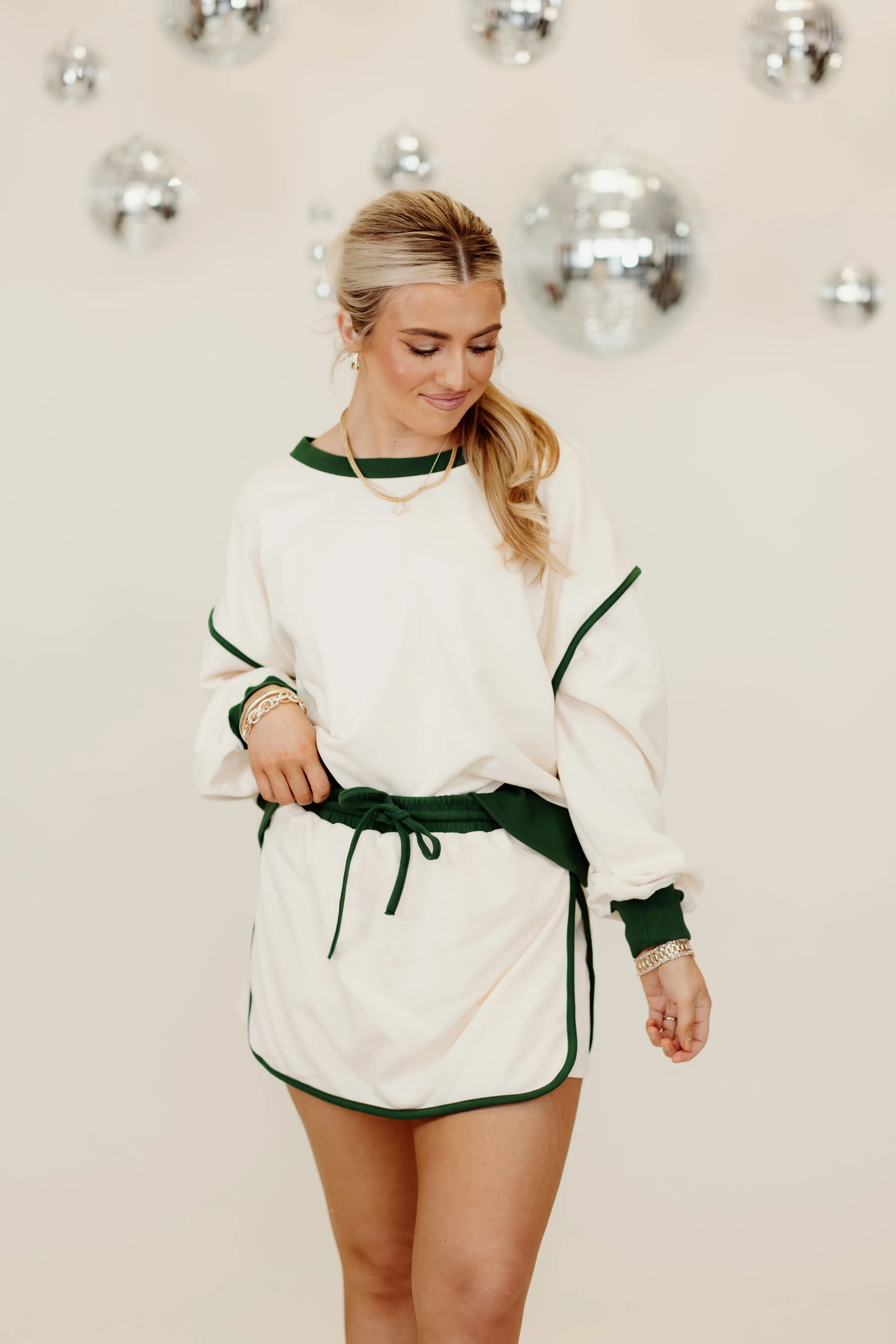 Ecru Contrast Trim Long Sleeve Top and Skirt Set