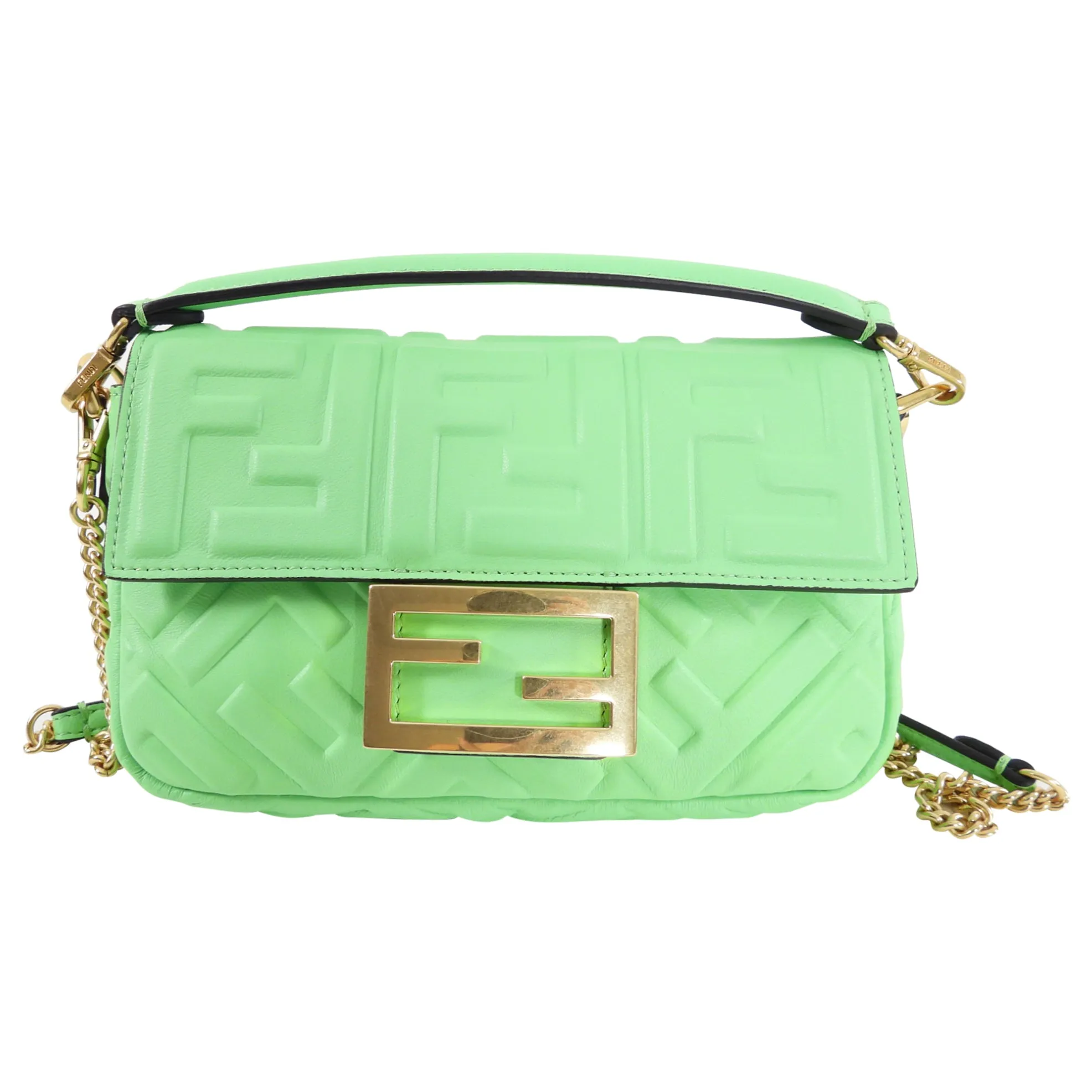 Fendi Edamame Bright Green Embossed Leather Mini Baguette Bag