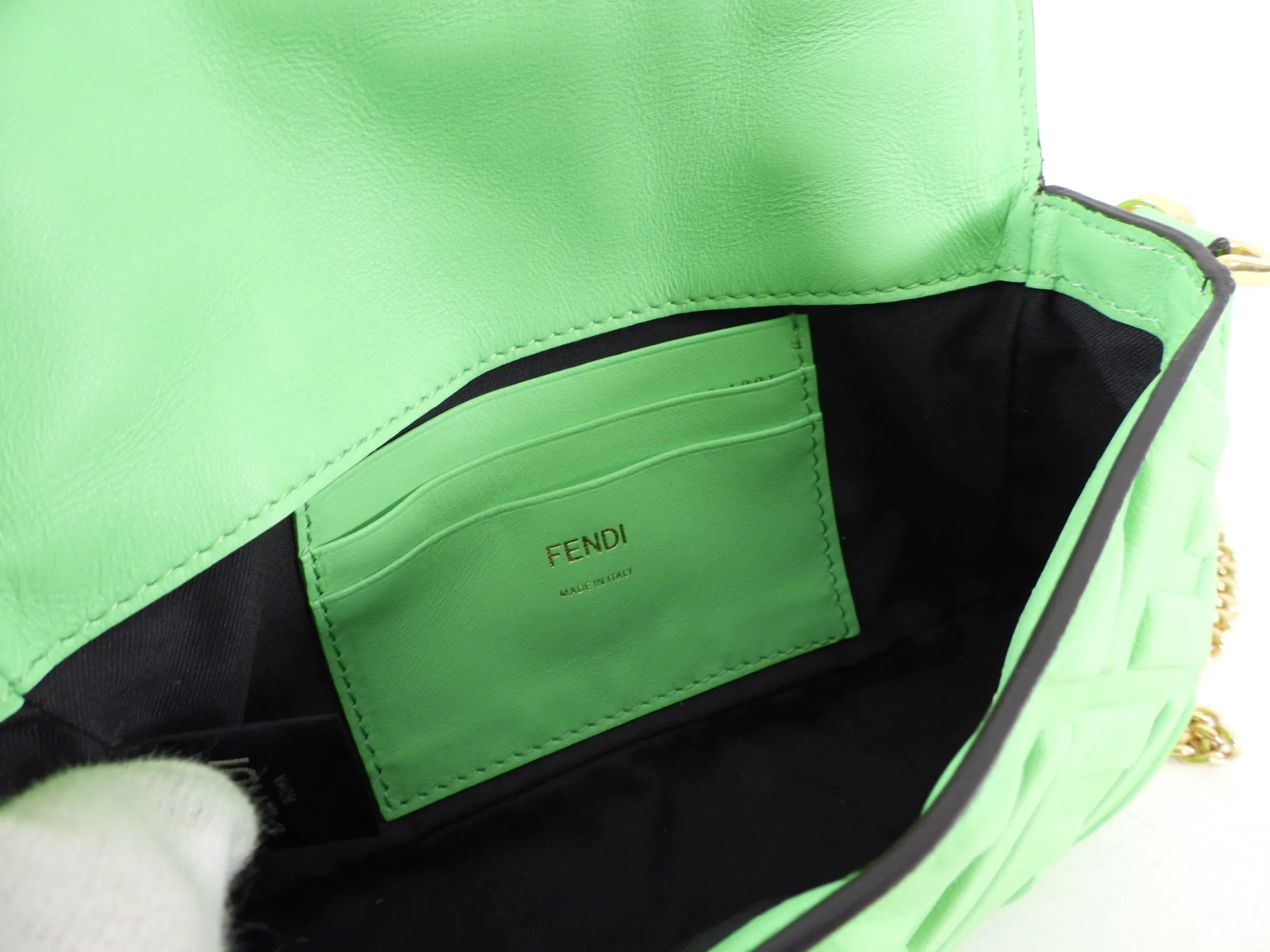 Fendi Edamame Bright Green Embossed Leather Mini Baguette Bag