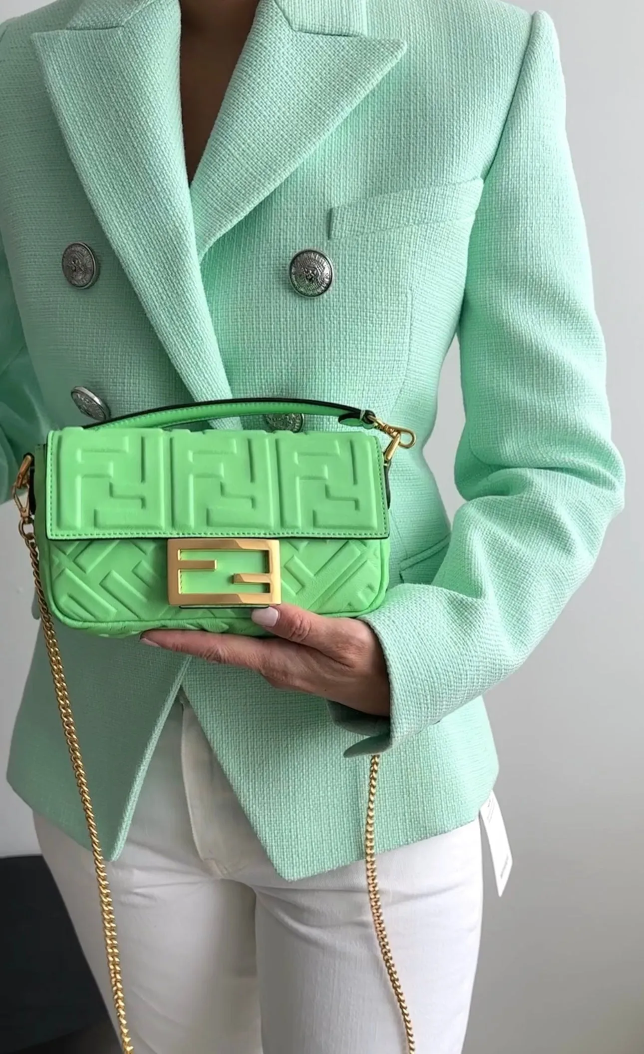 Fendi Edamame Bright Green Embossed Leather Mini Baguette Bag